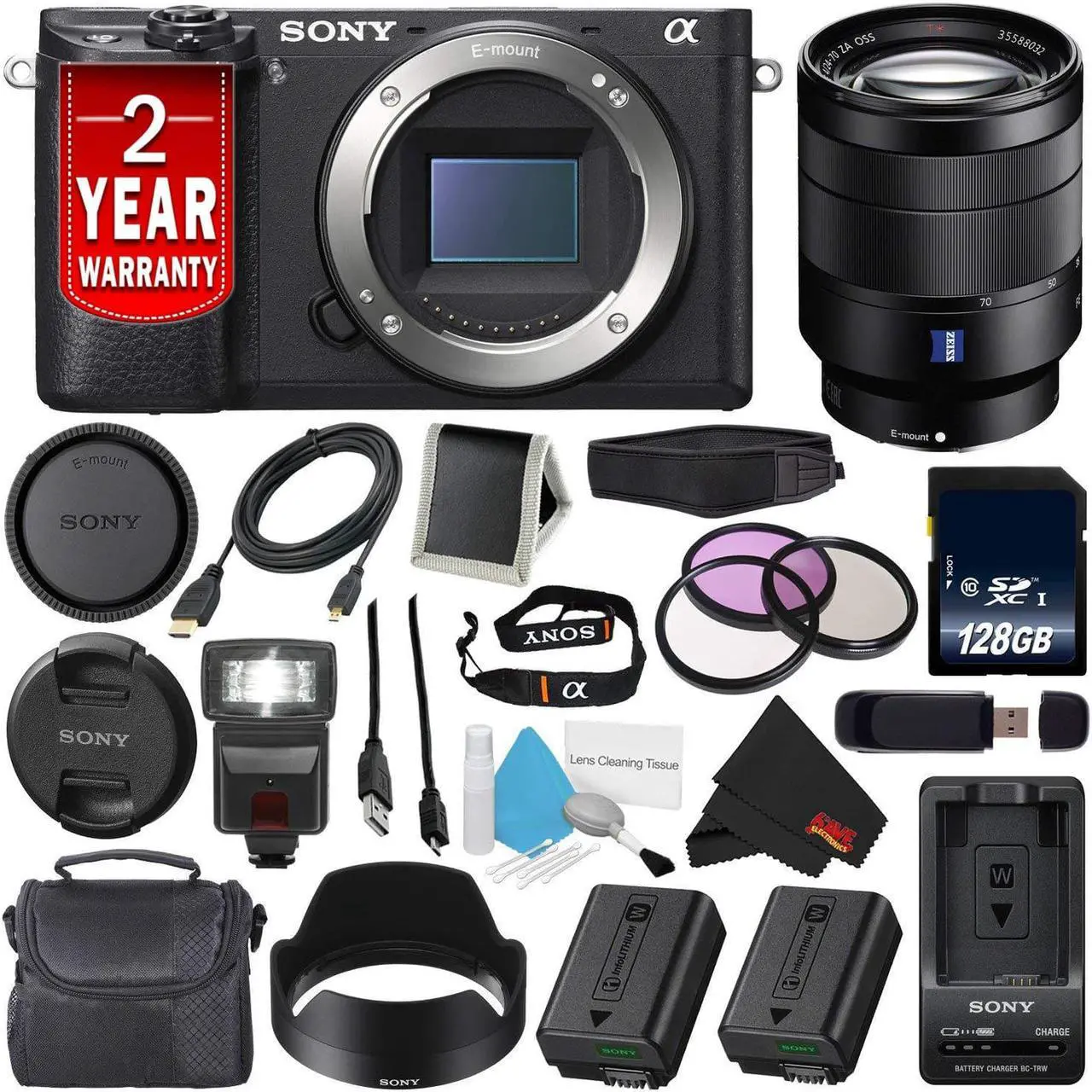 Main image of Sony Alpha a6300 Mirrorless Digital Camera  (International Model) No Warranty + Sony Vario-Tessar T* FE 24-70mm f/4 ZA OSS Lens + NP-FW50 Replacement Lithium Ion Battery Bundle