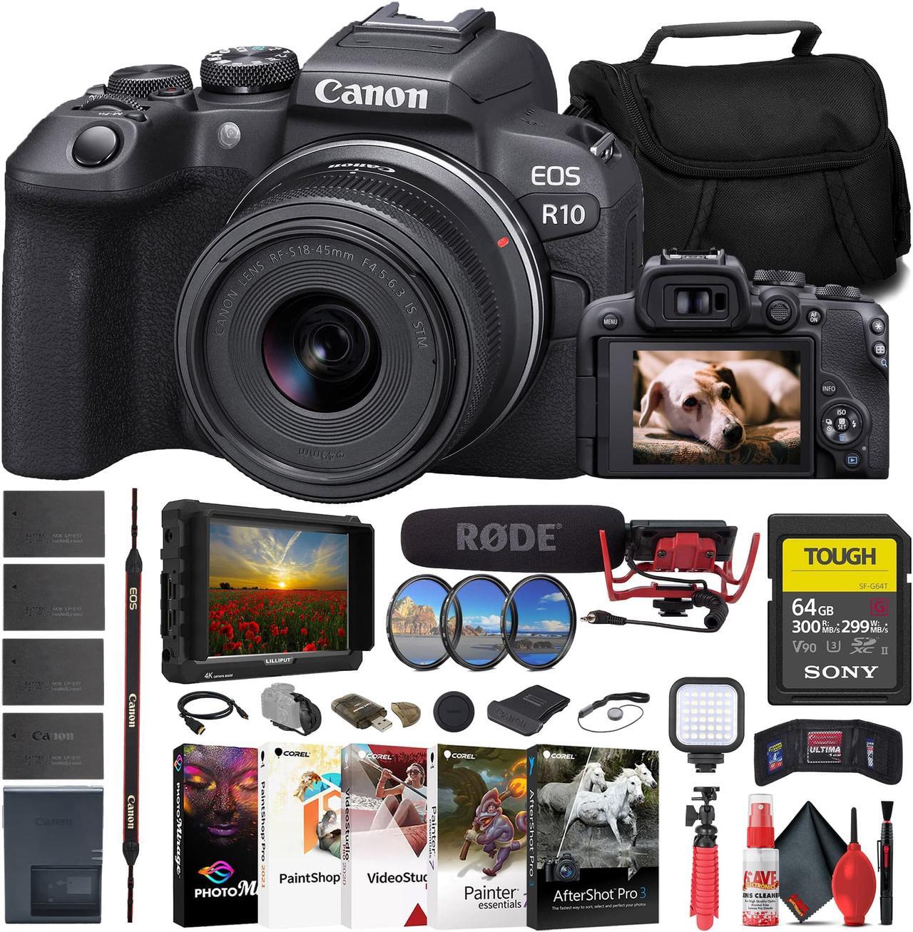 Main image of Canon EOS R10 Mirrorless Camera W/ 18-45mm Lens + 4K Monitor + VideoMic + More