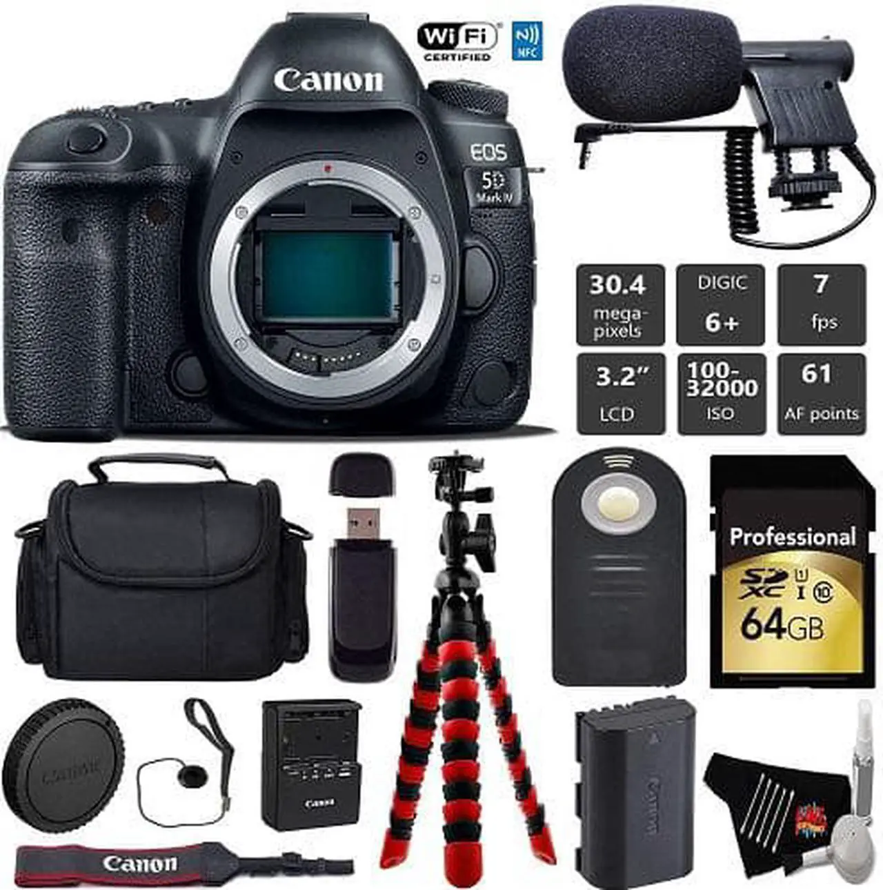 Main image of Canon EOS 5D Mark IV DSLR Camera (Body Only) + Wireless Remote + Condenser Microphone + Case + Wrist Strap + Tripod + Card Reader - Intl Model
