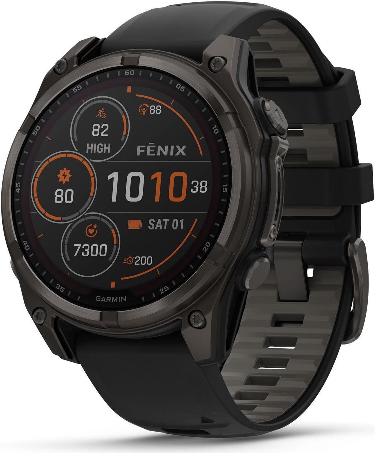 Main image of Garmin fnix® 8 - 47 mm, Solar, AMOLED, Sapphire, Premium Multisport GPS Smartwatch, Long-Lasting Battery Life, Dive-Rated, Built-in LED Flashlight, Carbon Gray DLC Titanium with Pebble Gray Band