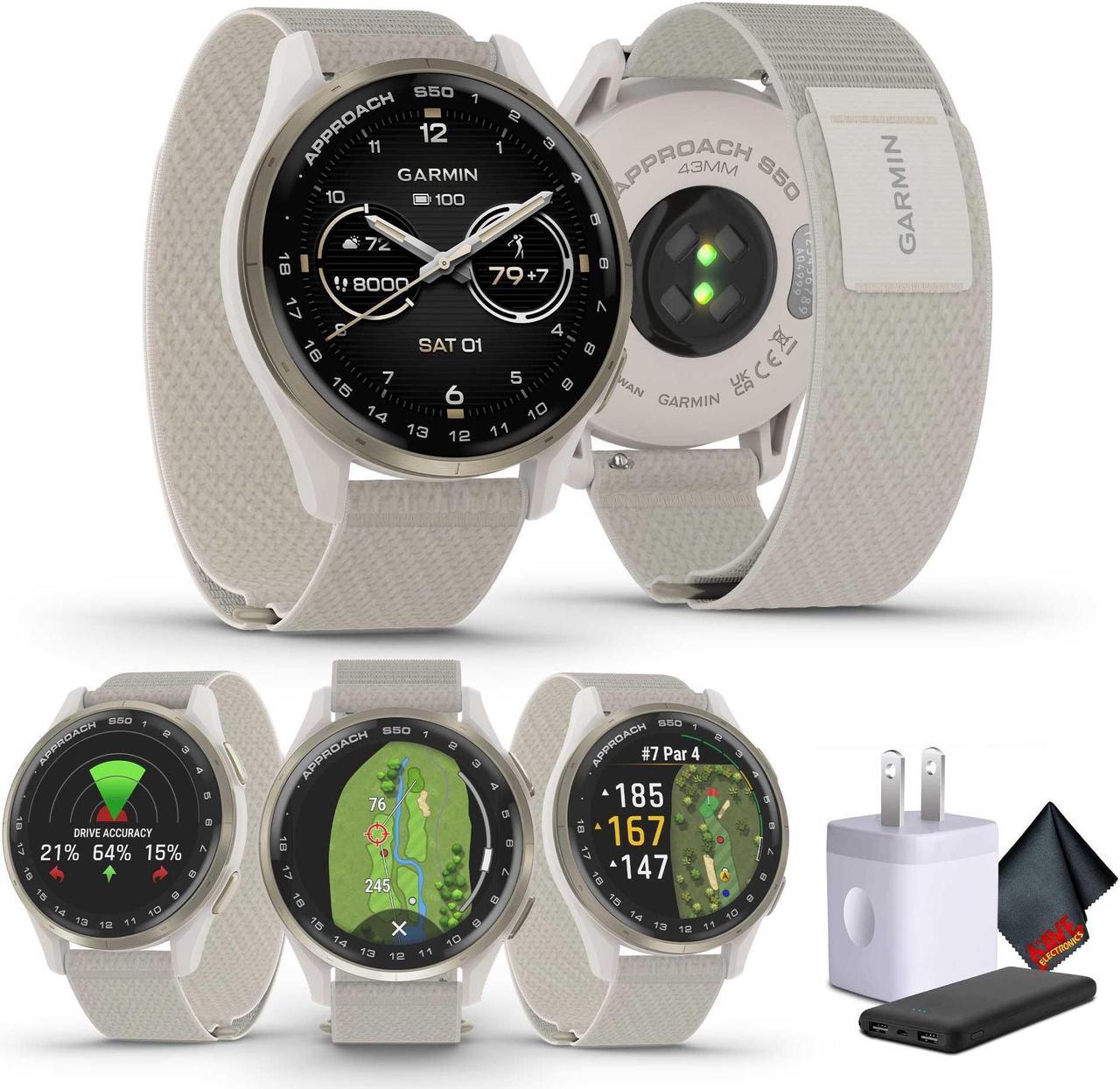 Main image of Garmin Approach S50, Cream Gold/Ivory Nylon GPS Golf Smartwatch Bundle