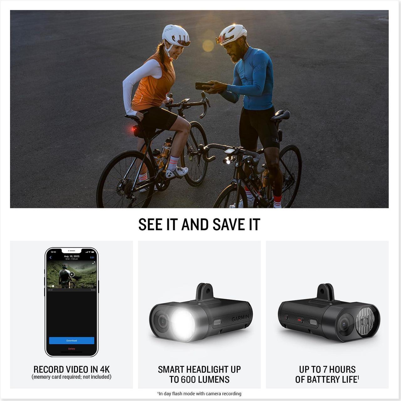 Alt view image 2 of 3 - Garmin Varia Vue, Cycling Headlight and 4k Camera, Light Intensity up to 600 Lumens, Crystal-Clear Video Recording, Incident Detection While Cycling