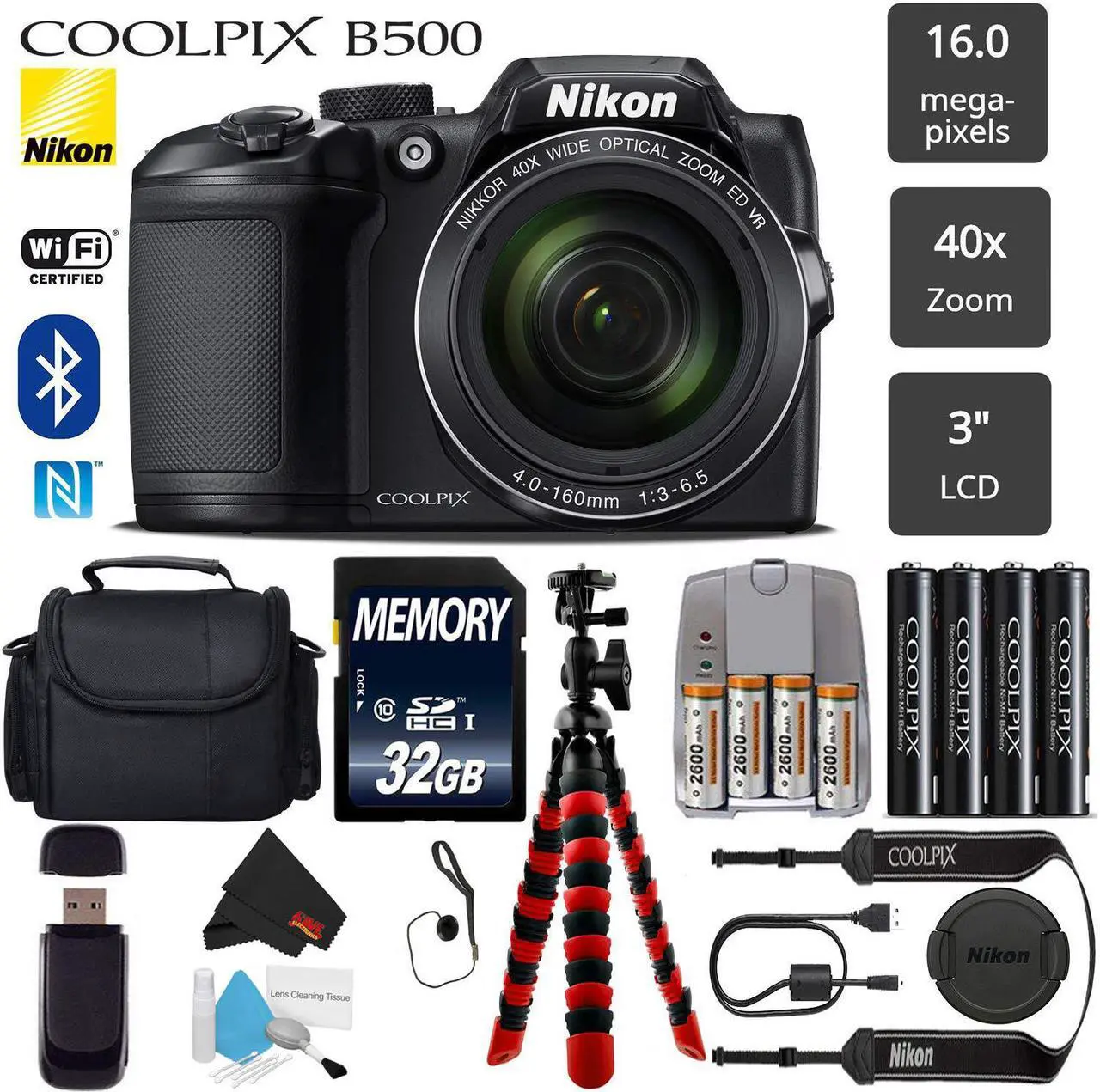 Alt view image 5 of 5 - Nikon COOLPIX B500 Digital Camera (Black) (Intl Model) 16MP 40x Optical Zoom with Built-in NFC, WiFi & Bluetooth + Flexible Tripod + Card Reader + Camera Case