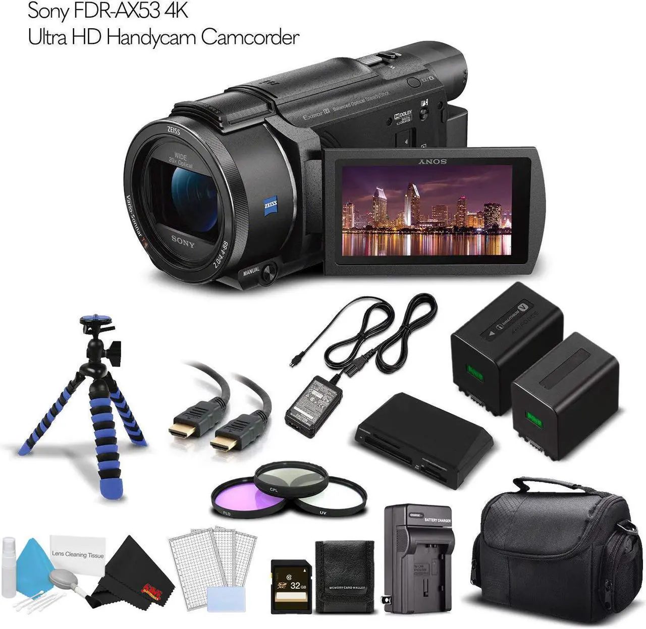 Alt view image 2 of 8 - Sony FDR-AX53 4K Ultra HD Handycam Camcorder (Intl Model) With Extra Battery, Case, Memory Card and More. - Starter Set