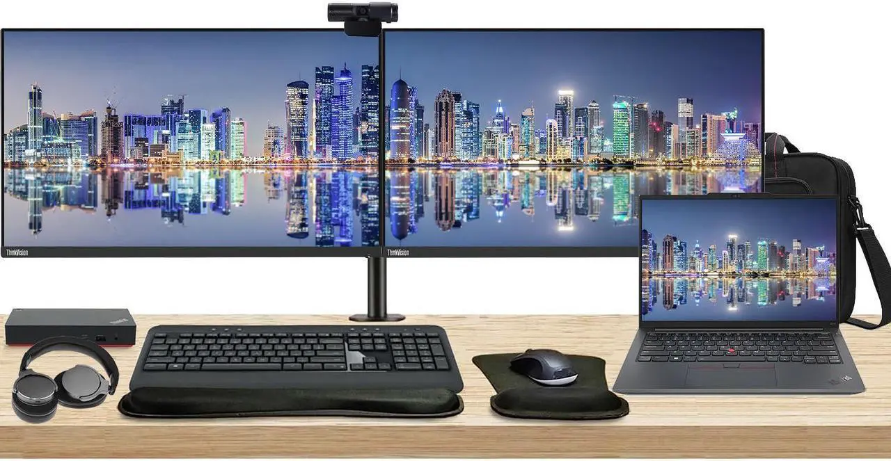 Main image of Lenovo E14 Gen 5 14" Ryzen 7, 16GB RAM, 512GB SSD, Notebook Bundle with 2 x ThinkVision T24i 24" Monitors, Dual Stand, USB-C Dock, MK670 Wireless Keyboard & Mouse, Gel Pad, Webcam, Headphones, Bag
