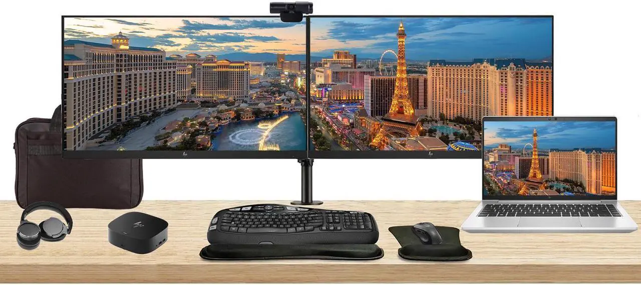 Main image of HP EliteBook 640 G10 14" i5, 16GB RAM, 256GB SSD, Windows 11 Pro Notebook Bundle with 2 x EliteDisplay E27 27" Monitors, Dual Stand, USB-C Dock, Keyboard and Mouse, Webcam, Headphones, Bag