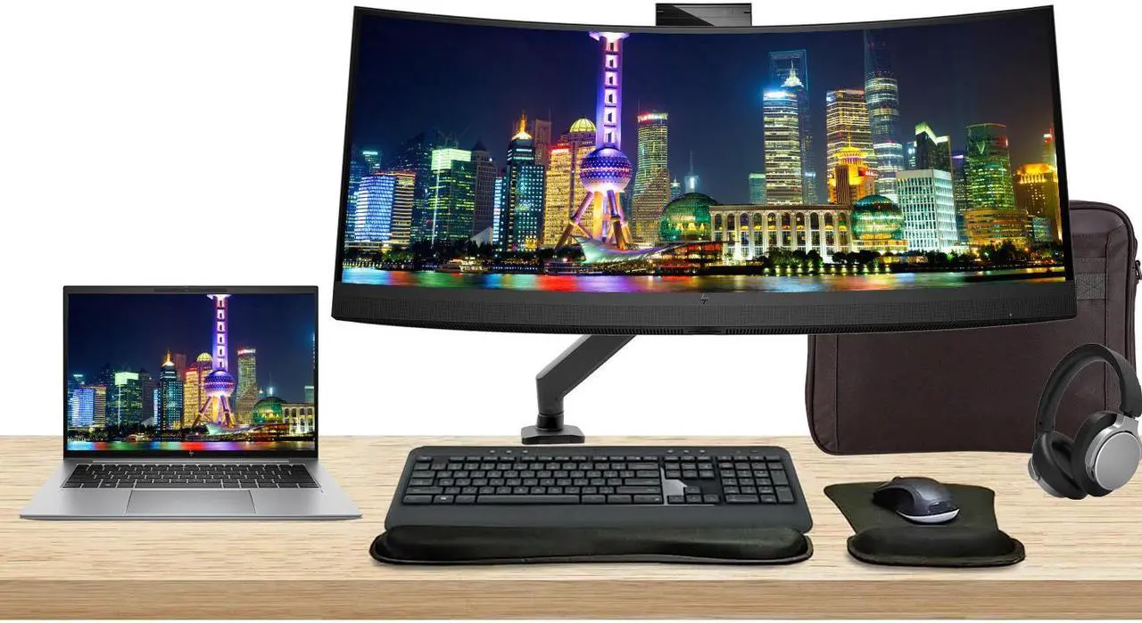 Main image of HP Notebook ZBook Firefly G10 Touchscreen 14" Ryzen 7 Pro, 32GB RAM, 512GB SSD, Windows 11Pro, Z Display Z34c 34" Curved Monitor with Webcam Bundle, Mount, Keyboard and Mouse, Headphones and Bag