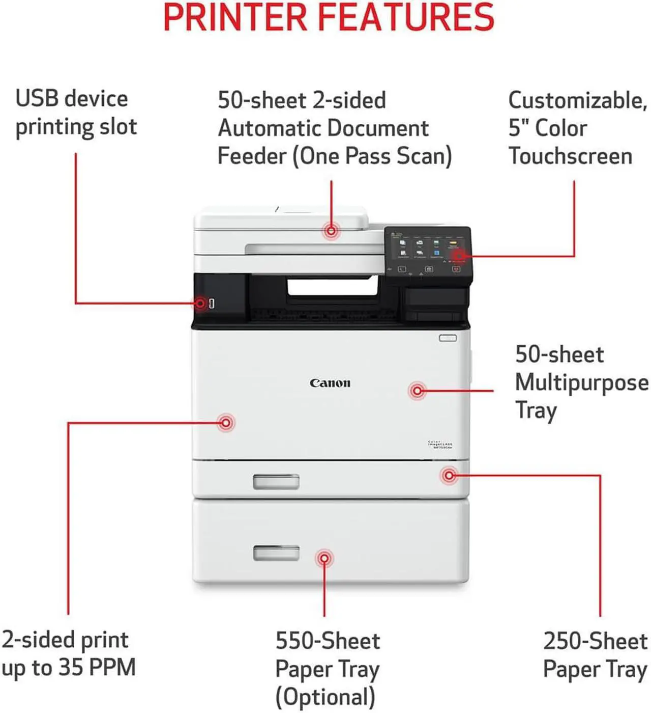Alt view image 3 of 17 - Canon imageCLASS MF753Cdw Wireless Laser Multifunction Printer Color White