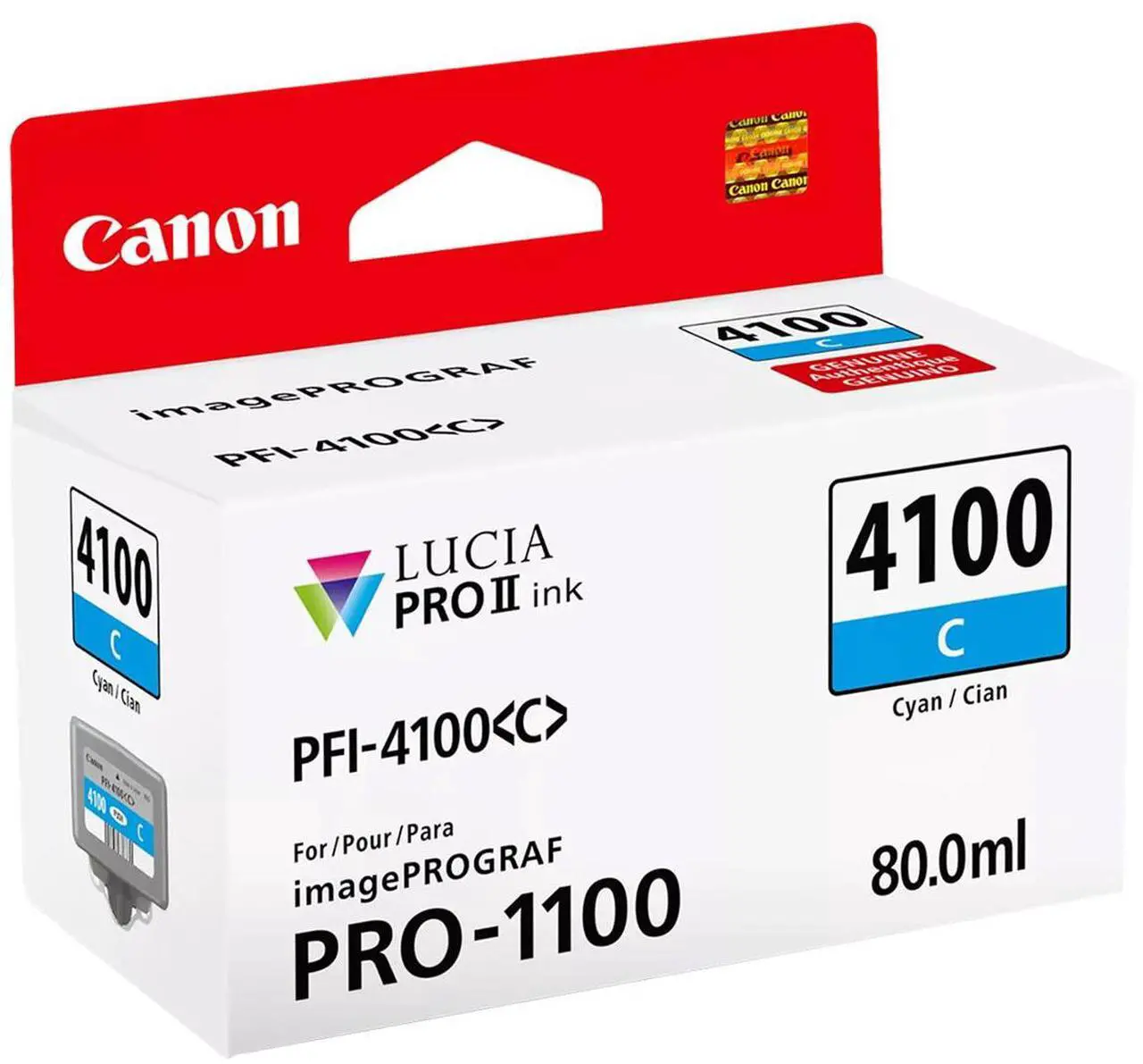 Alt view image 2 of 2 - Canon PFI-4100 80ml Pigment Ink Tank for imagePROGRAF PRO-1100 Printer, Cyan