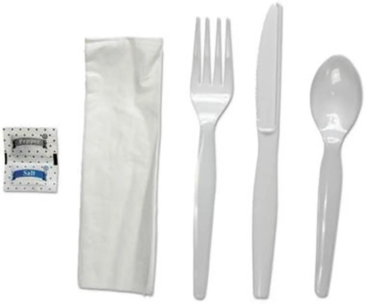 Alt view image 4 of 4 - Boardwalk FKTNSHWPSWH 6-Pc. Cutlery Kit, Condiment / Fork / Knife / Napkin / Spoon, Heavyweight, White, 250 / Carton