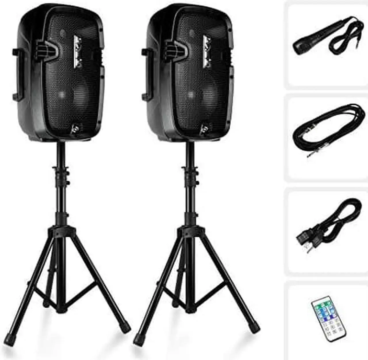 Main image of Powered PA Speaker System Active & Passive Bluetooth Loudspeakers Kit with 8 Inch Speakers, Wired Microphone, MP3/USB/SD/AUX Readers, Speaker Stands- PYLE PPHP849KT.5,Black