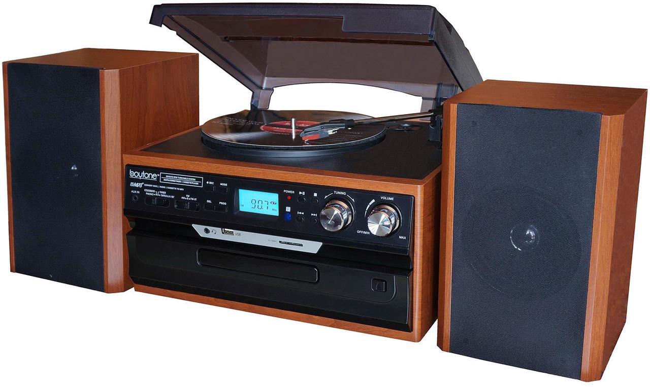 Alt view image 8 of 8 - Boytone BT-24MB Bluetooth Classic Style Record Player Turntable with AM/FM Radio, CD/Cassette Player, 2 Separate Stereo Speakers, Record from Vinyl, Radio, and Cassette to MP3, SD Slot, USB, AUX.