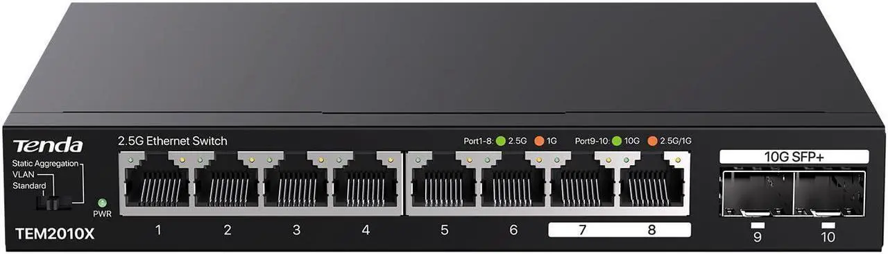 Alt view image 2 of 16 - Tenda Tem2010X  8 Port 2.5G Ethernet Switch Support Vlan & Static Link Aggregation  Unmanaged 2.5Gb Switch With 8 X 2.5G Ports & 2 X 10Gb Sfp Slots  80Gbps Switching Capacity  Fanless Metal Design