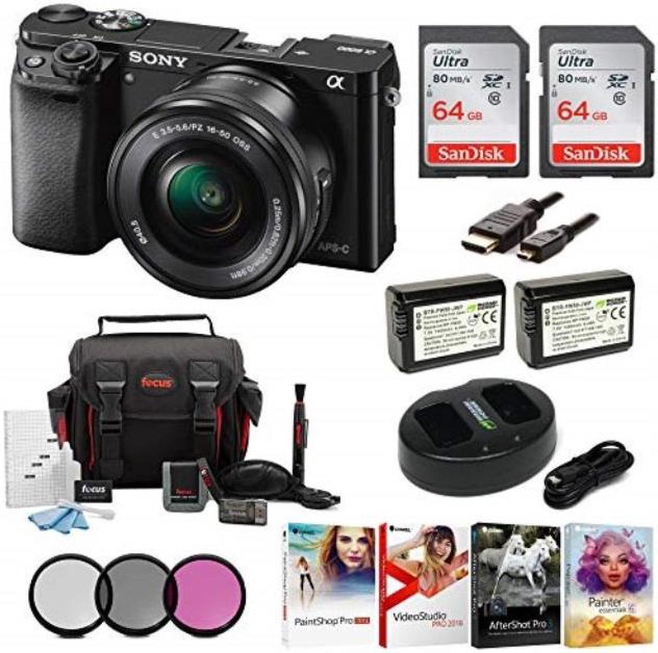 Alt view image 8 of 8 - Sony Alpha a6000 Mirrorless Camera (Black) w/ 16-50mm Lens & 64GB Cards Bundle