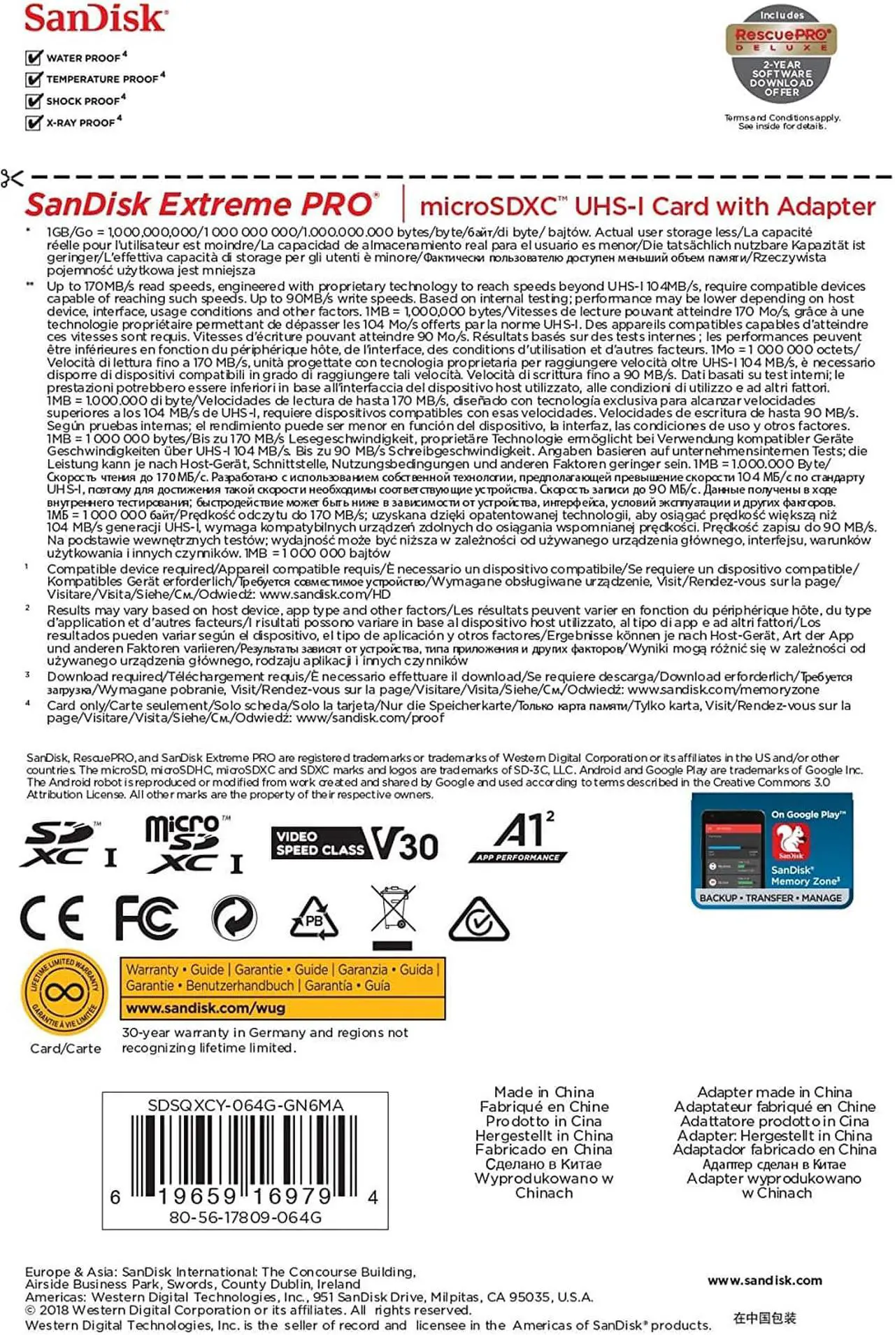 Alt view image 5 of 5 - SanDisk Extreme Pro MicroSDXC UHS-I U3 A2 V30 64GB + Adapter