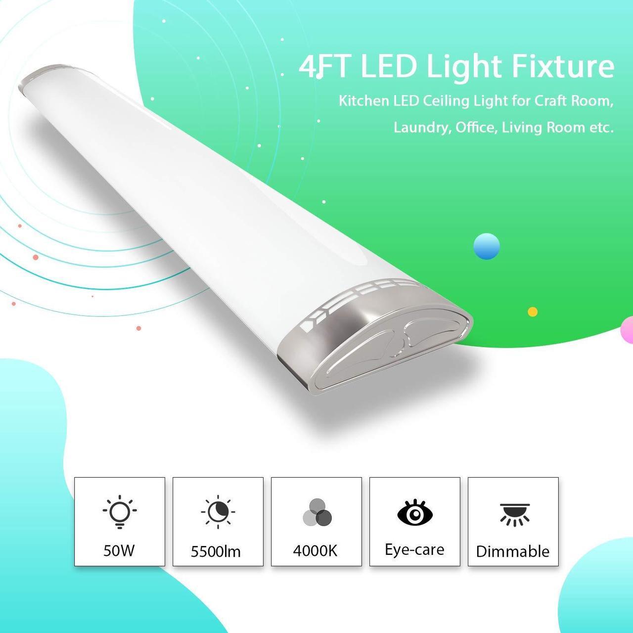Alt view image 2 of 7 - TychoLite 4FT LED Light Fixture 50W 5500lm Linear Flush Mount Light, 4000K, Dimmable, 48 inch LED Kitchen Lights Ceiling Fixtures for Laundry, Craft Room, Office, Fluorescent Replacement 4 Pack
