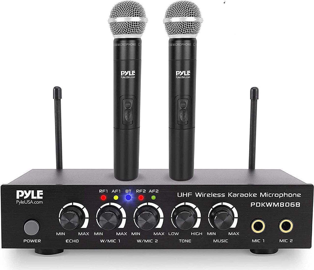 Alt view image 6 of 12 - Portable UHF Wireless Microphone System - Battery Operated Dual Bluetooth Cordless Microphone Set, Includes 2 Handheld Transmitter Mic, Mixer Receiver, RCA, for PA Karaoke DJ Party - Pyle