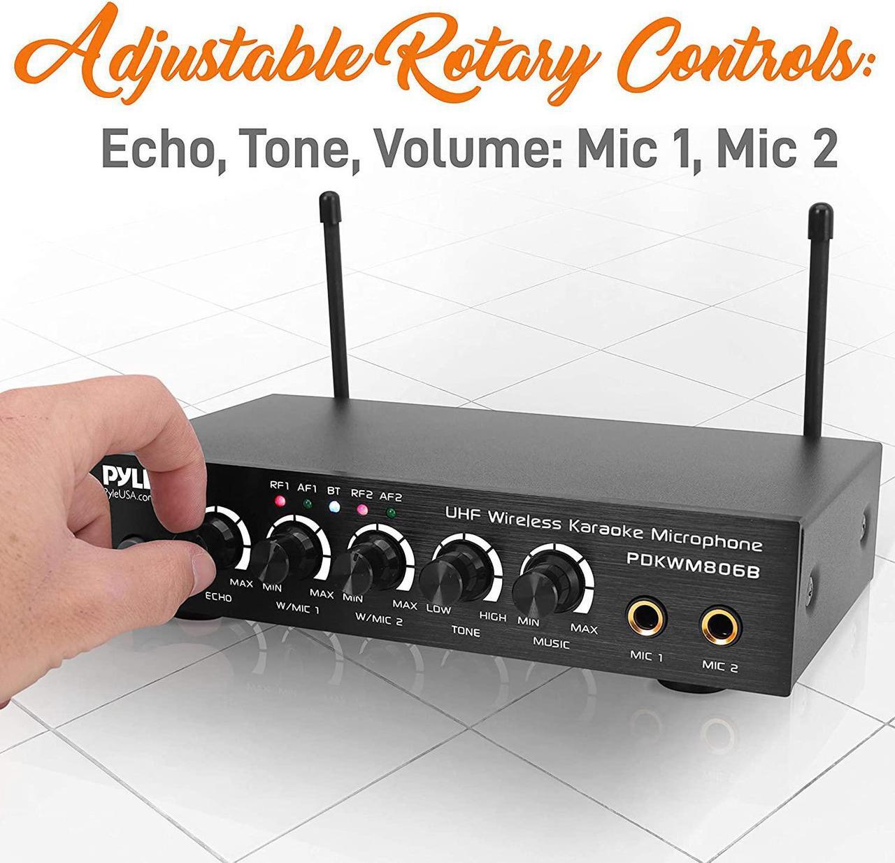 Alt view image 10 of 12 - Portable UHF Wireless Microphone System - Battery Operated Dual Bluetooth Cordless Microphone Set, Includes 2 Handheld Transmitter Mic, Mixer Receiver, RCA, for PA Karaoke DJ Party - Pyle