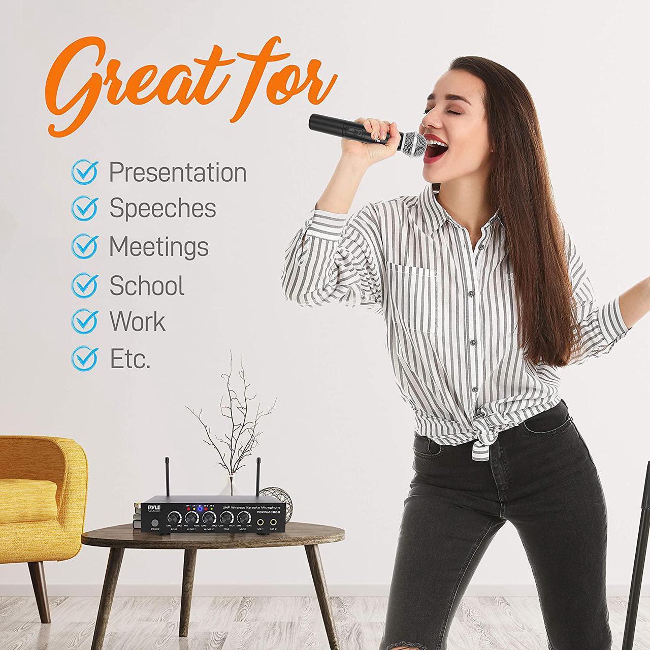 Alt view image 11 of 12 - Portable UHF Wireless Microphone System - Battery Operated Dual Bluetooth Cordless Microphone Set, Includes 2 Handheld Transmitter Mic, Mixer Receiver, RCA, for PA Karaoke DJ Party - Pyle