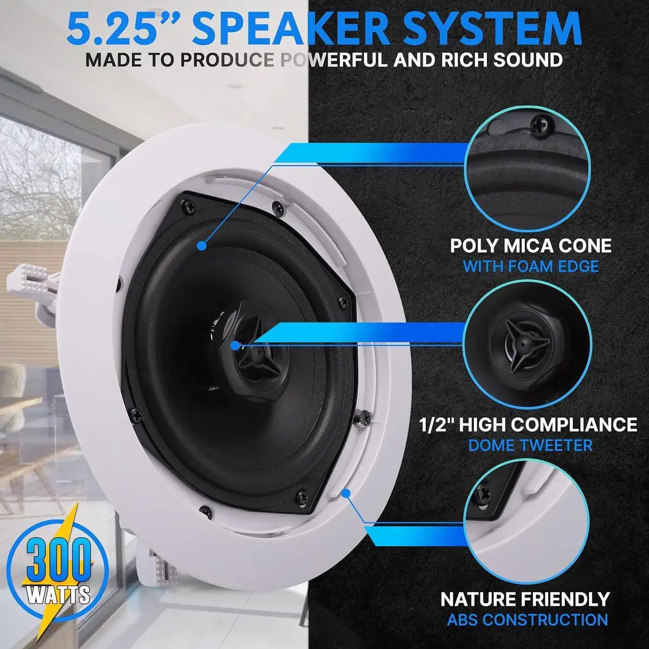 Alt view image 2 of 7 - Pyle Ceiling and Wall Mount Speaker - 5.25 2-Way 70V Audio Stereo Sound Subwoofer Sound with Dome Tweeter, 300 Watts, In-Wall & In-Ceiling Flush Design for Home Surround System - Pyle PDIC53T (White)