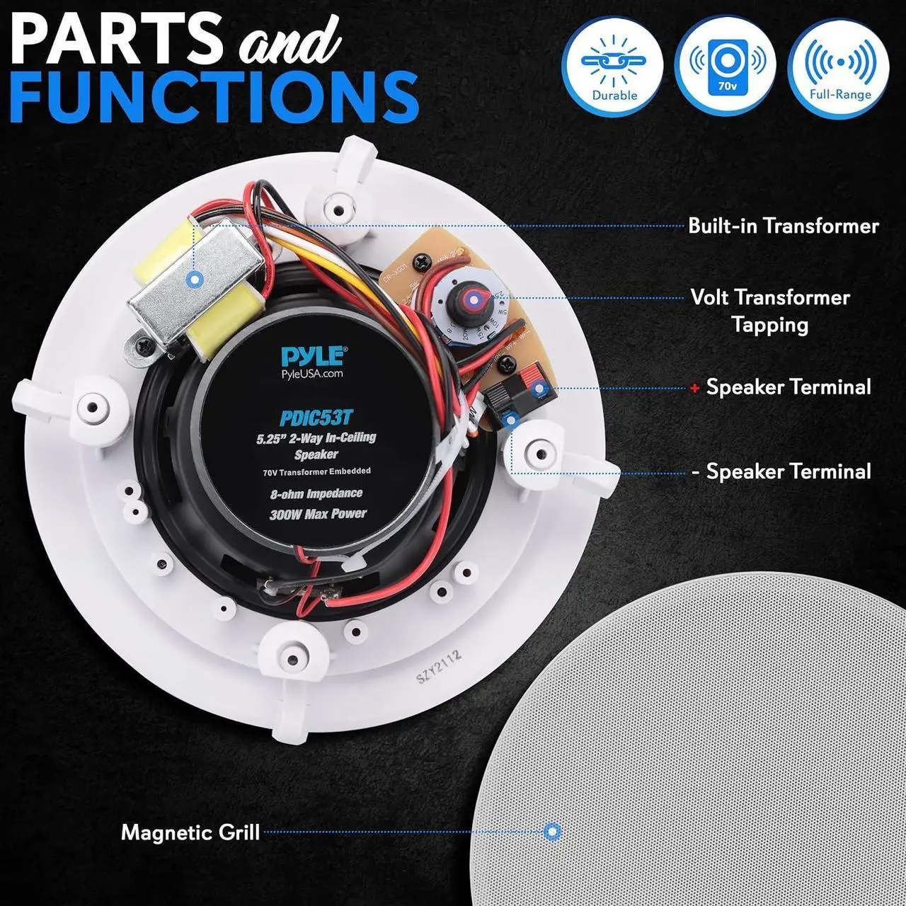 Alt view image 6 of 7 - Pyle Ceiling and Wall Mount Speaker - 5.25 2-Way 70V Audio Stereo Sound Subwoofer Sound with Dome Tweeter, 300 Watts, In-Wall & In-Ceiling Flush Design for Home Surround System - Pyle PDIC53T (White)