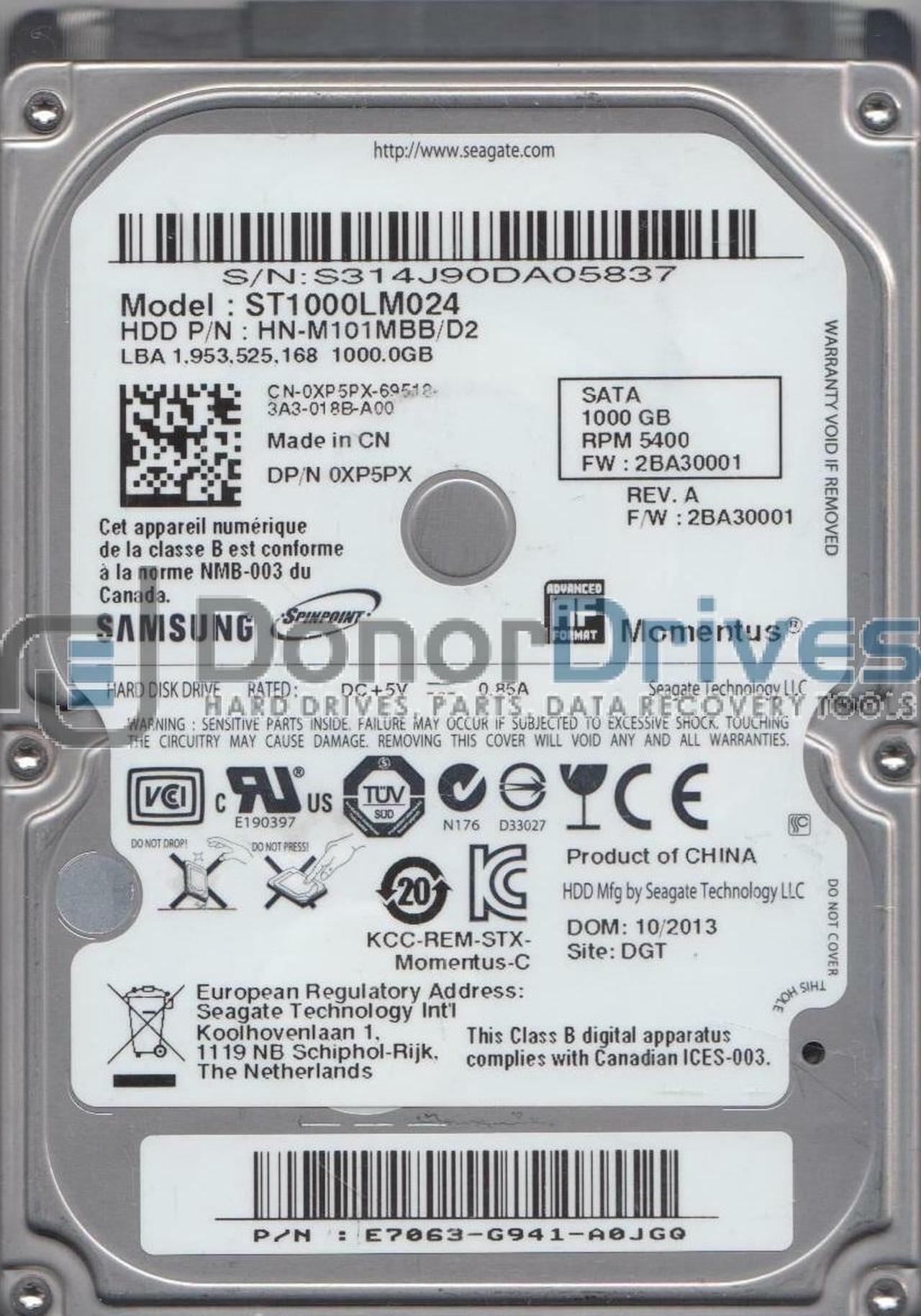 Alt view image 3 of 3 - ST1000LM024, HN-M101MBB/D2, FW 2BA30001, Samsung 1TB SATA 2.5 Hard Drive