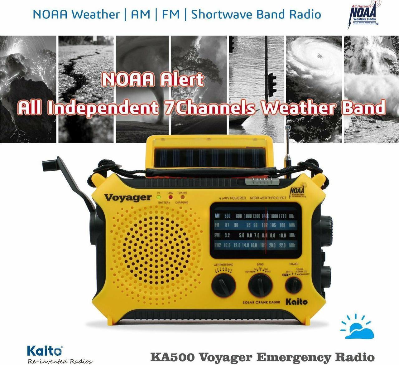 Alt view image 10 of 14 - Kaito KA500 5-way Powered Solar Power,Dynamo Crank, Wind Up Emergency AM/FM/SW/NOAA Weather Alert Radio with Flashlight,Reading Lamp and Cellphone Charger, Yellow