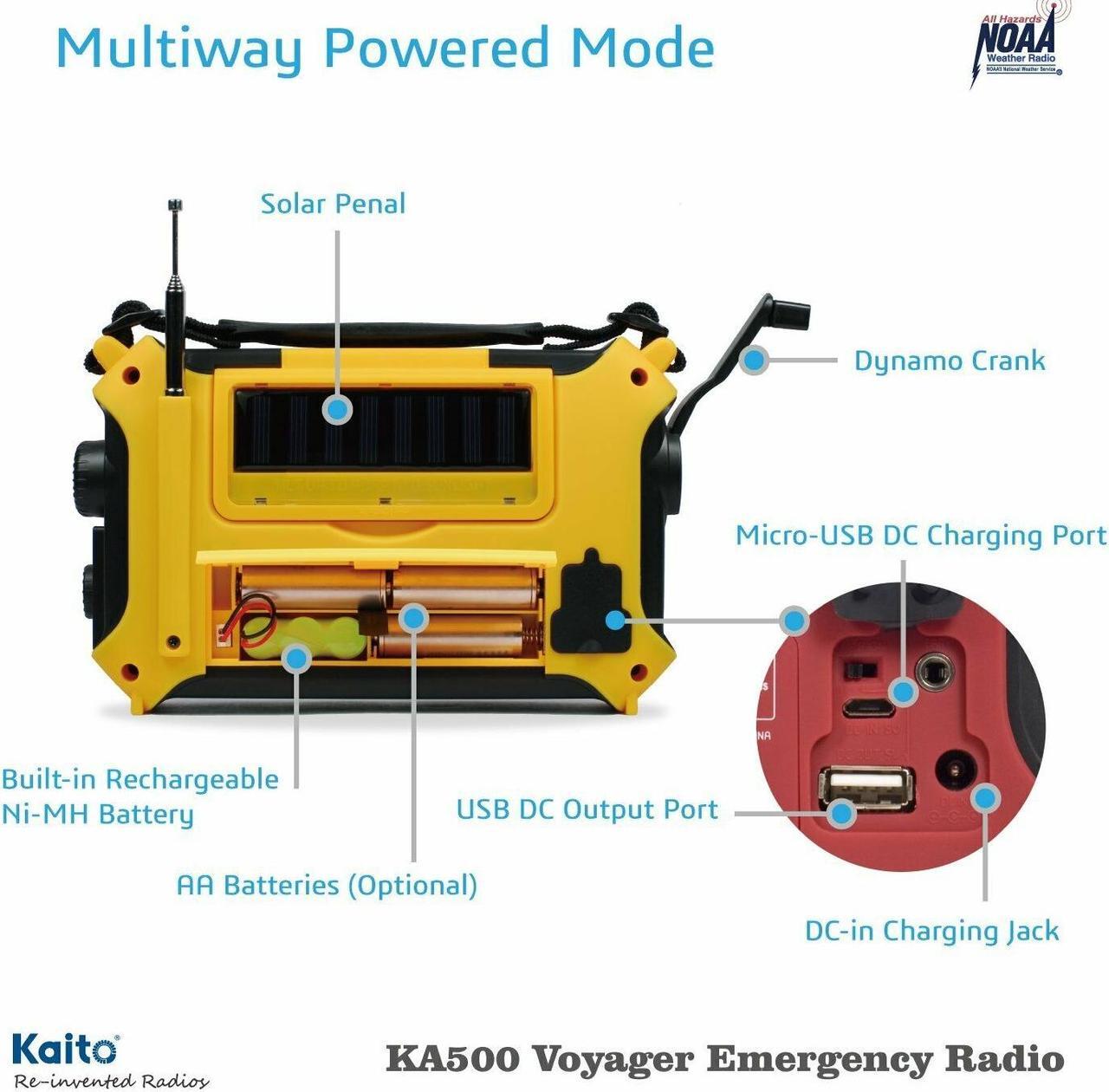 Alt view image 12 of 14 - Kaito KA500 5-way Powered Solar Power,Dynamo Crank, Wind Up Emergency AM/FM/SW/NOAA Weather Alert Radio with Flashlight,Reading Lamp and Cellphone Charger, Yellow