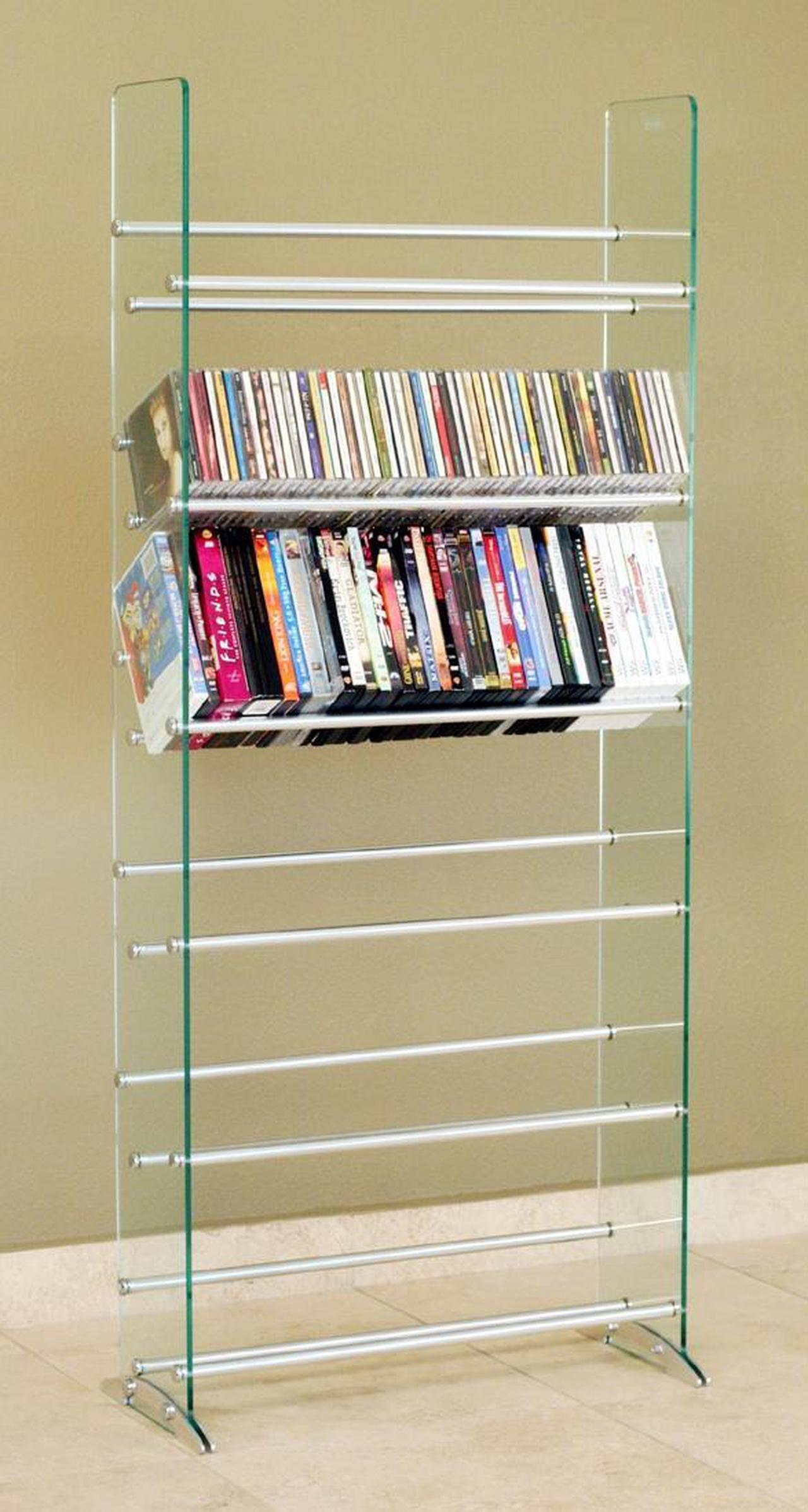 Alt view image 4 of 4 - Clear glass CD/DVD rack, 6 shelves in brushed silver/chrome caps