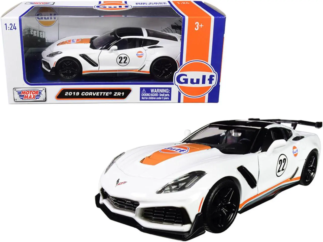 Alt view image 4 of 7 - Motormax 79657 2019 Chevrolet Corvette ZR1 No.22 Gulf Oil Stripes Top 1 by 24 Diecast Model Car - White, Orange & Black