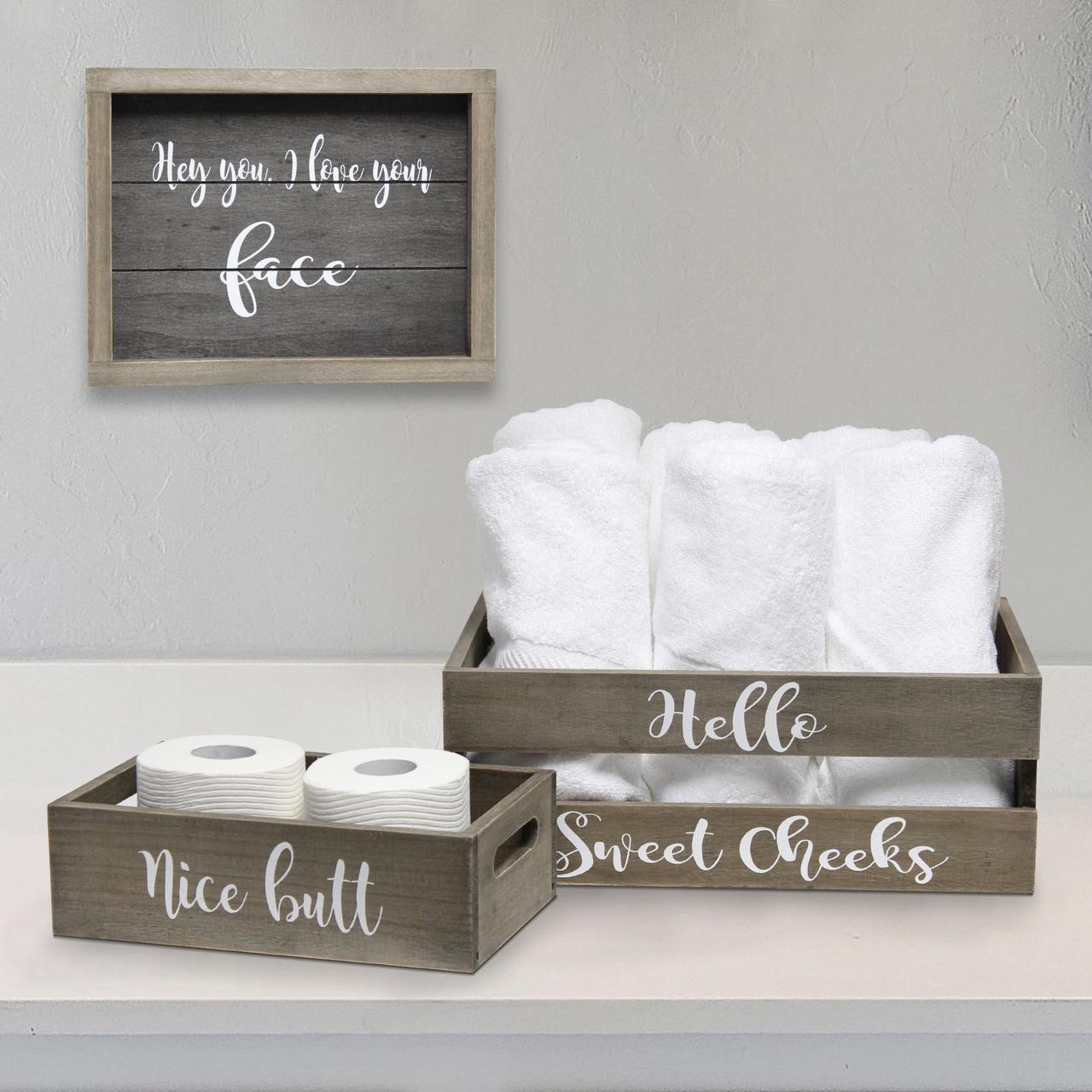 Alt view image 17 of 20 - Elegant Designs Three Piece Decorative Wood Bathroom Set, Large, Cheeky  (1 Towel Holder, 1 Frame, 1 Toilet Paper Holder)