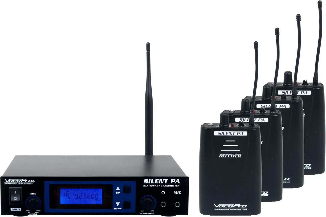 Alt view image 8 of 14 - VocoPro SilentPA-PRACTICE 16CH UHF Wireless Audio Broadcast System (Stationary Transmitter with four bodypack receivers)
