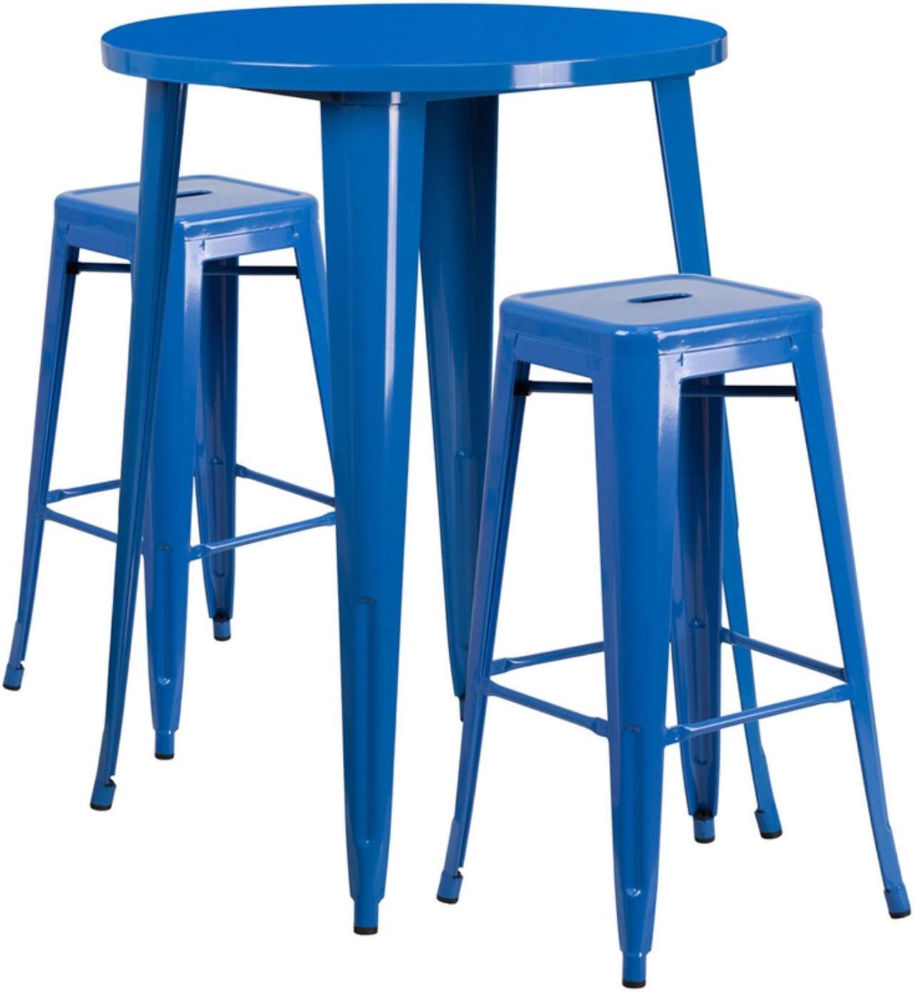 Main image of Flash Furniture 30'' Round Blue Metal Indoor-Outdoor Bar Table Set with 2 Square Seat Backless Stools
