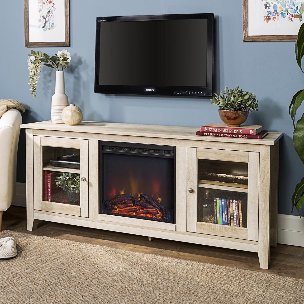 Main image of 58" Wood Media TV Stand Console with Fireplace - White Oak