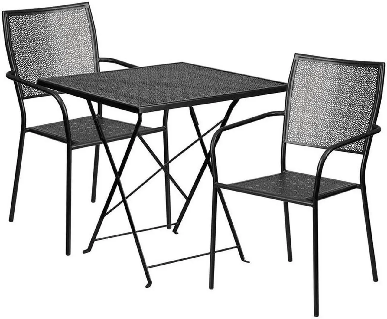 Alt view image 14 of 19 - 28'' Square Black Indoor-Outdoor Steel Folding Patio Table Set with 2 Square Back Chairs