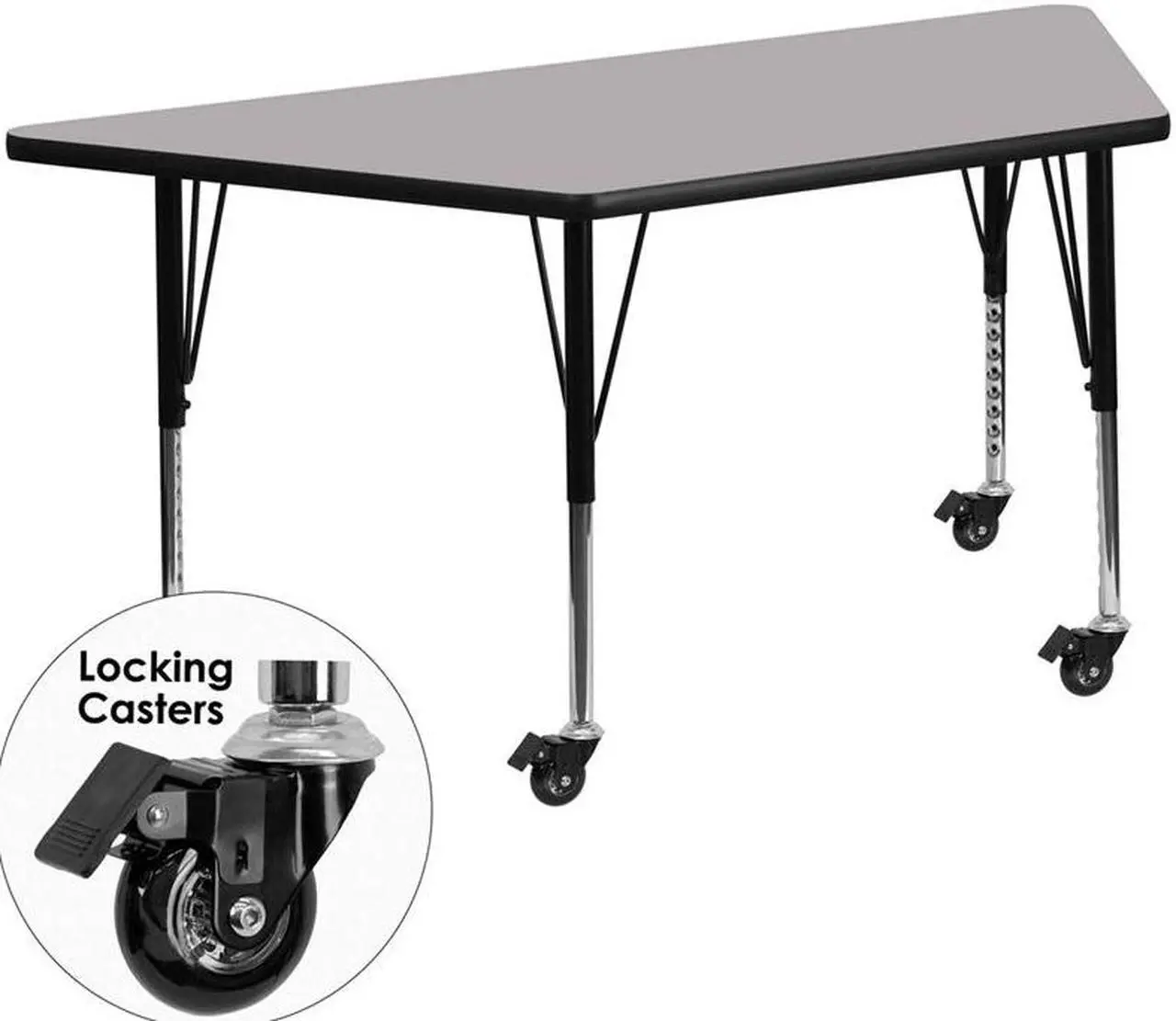 Alt view image 13 of 13 - Mobile 29.5''W x 57.25''L Trapezoid Grey Thermal Laminate Activity Table - Height Adjustable Short Legs