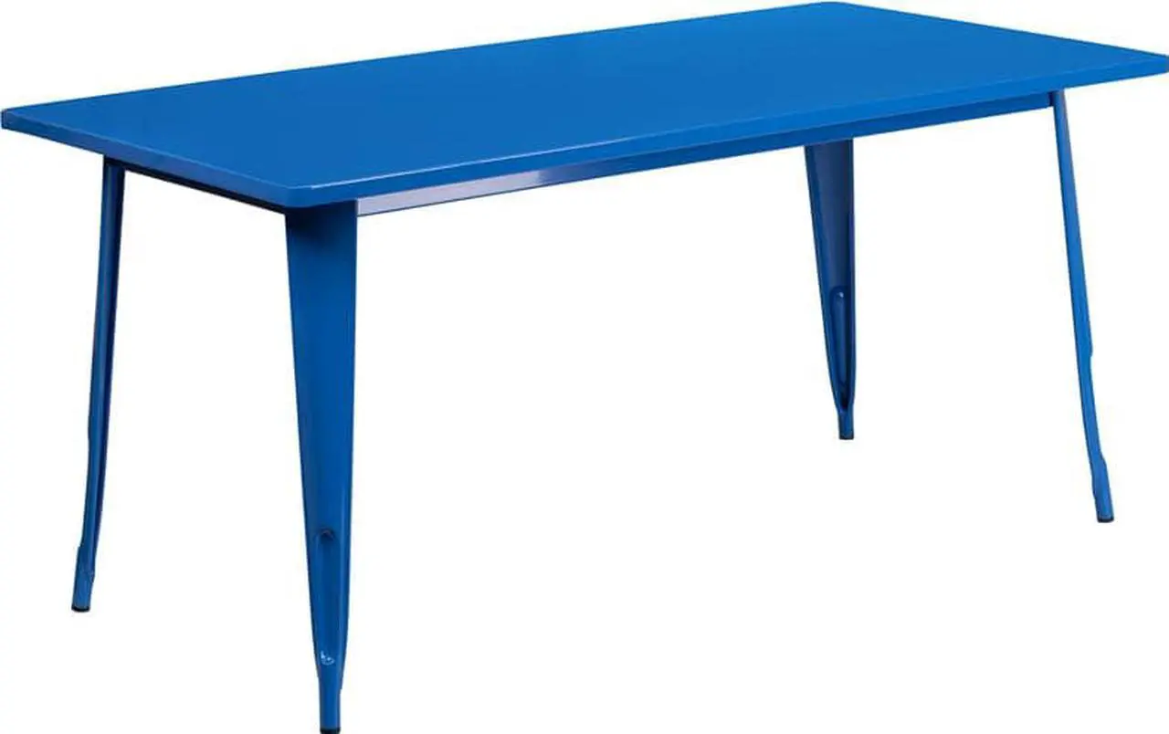 Alt view image 10 of 14 - Commercial Grade 31.5" x 63" Rectangular Blue Metal Indoor-Outdoor Table
