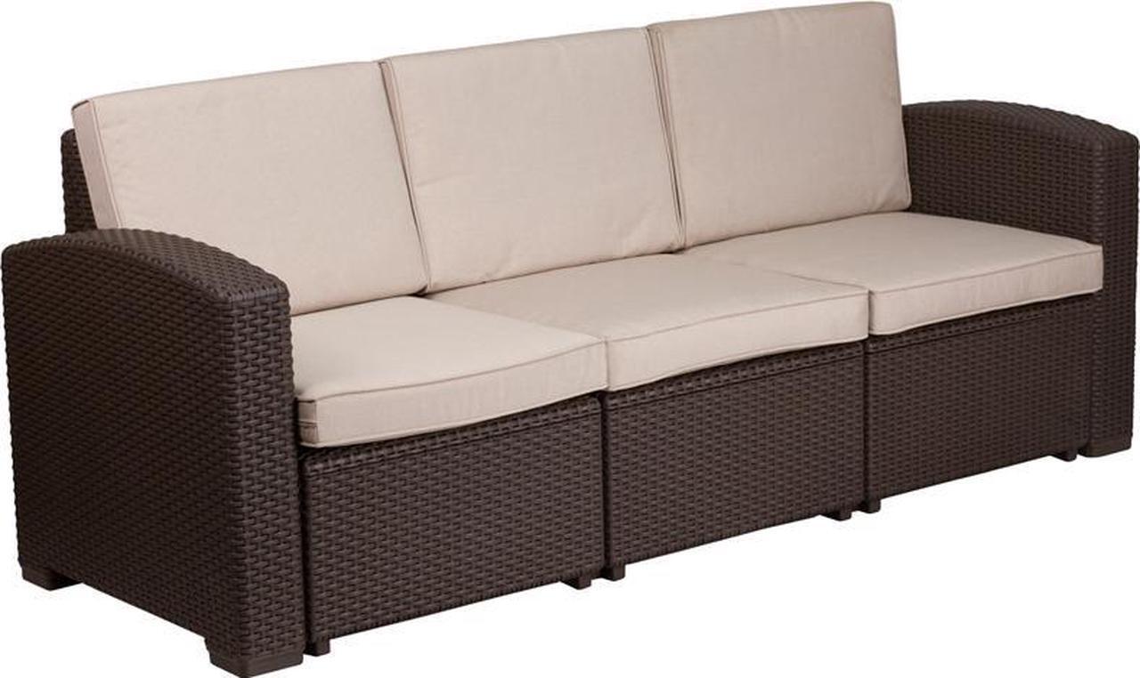 Alt view image 20 of 20 - Chocolate Brown Faux Rattan Sofa with All-Weather Beige Cushions