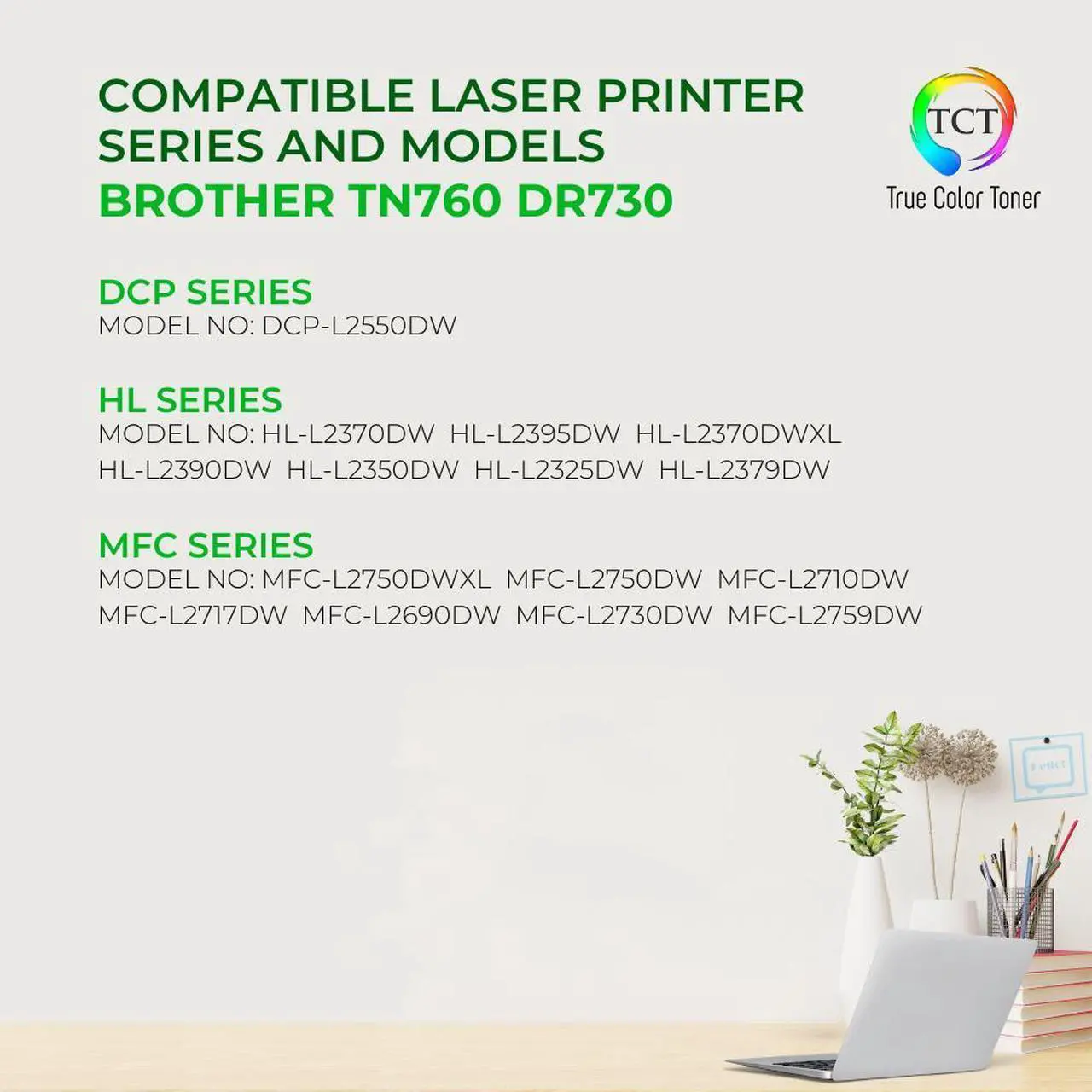 Alt view image 2 of 6 - True Color Toner TN760 Toner Cartridge 2 Pack and DR730 Drum Unit - Premium Compatible Replacements for Brother HL-L2350DW L2370DW DCP-L2550DW MFC-L2710DW L2730DW