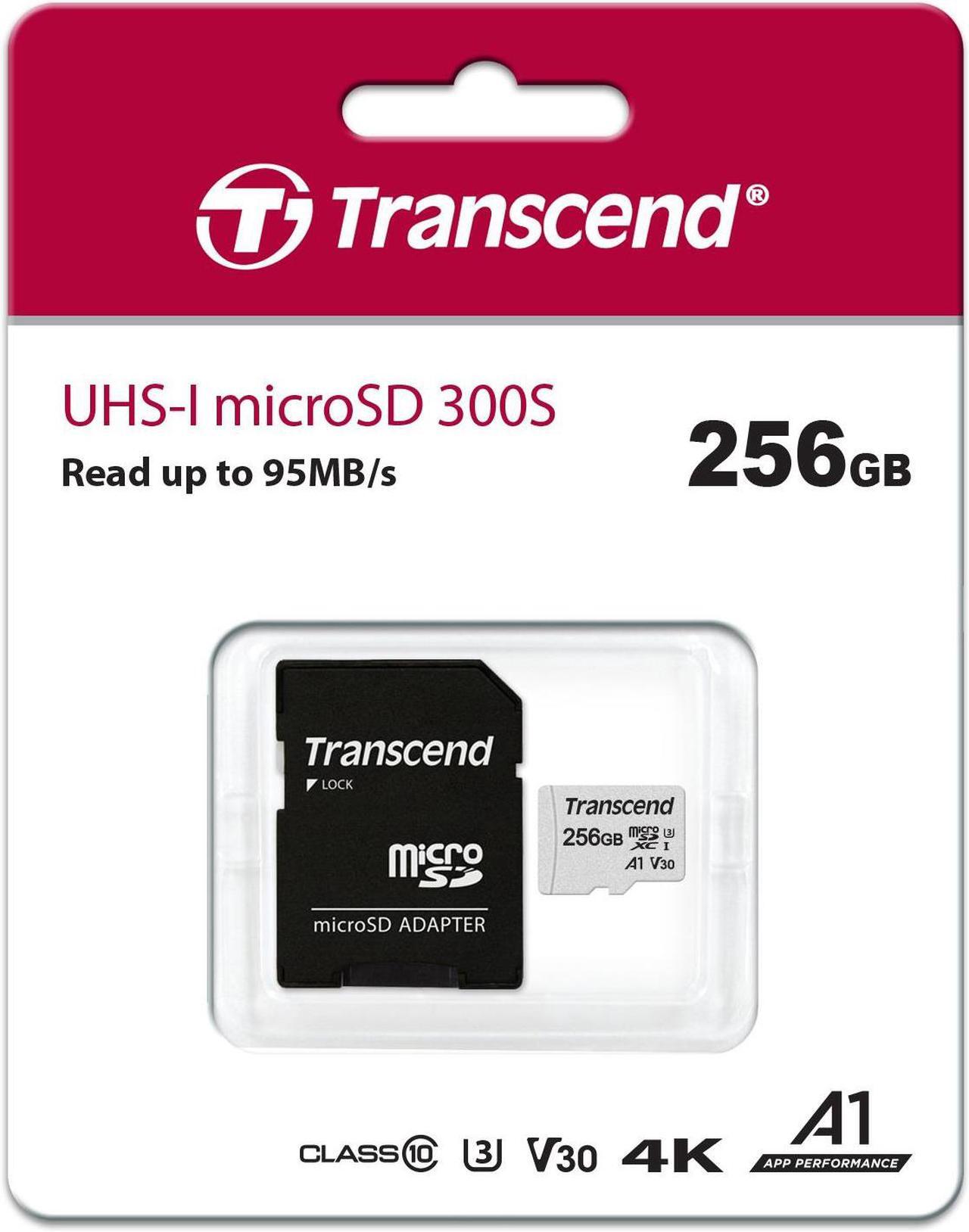 Alt view image 3 of 14 - Transcend 256GB 300S microSDXC CL10 V30 A1 Memory Card with SD Adapter