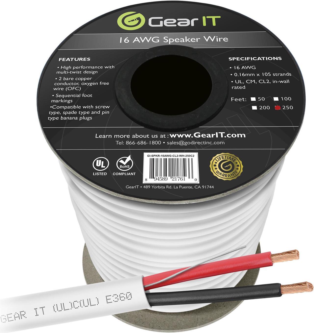 Main image of 16 Gauge CL2 OFC Speaker Wire, GearIT Pro Series 16AWG (250 Feet / 76.2 Meters / White) Oxygen Free Copper UL CL2 Rated In-Wall Speaker Wire Cable for Home Theater and Car Audio Use