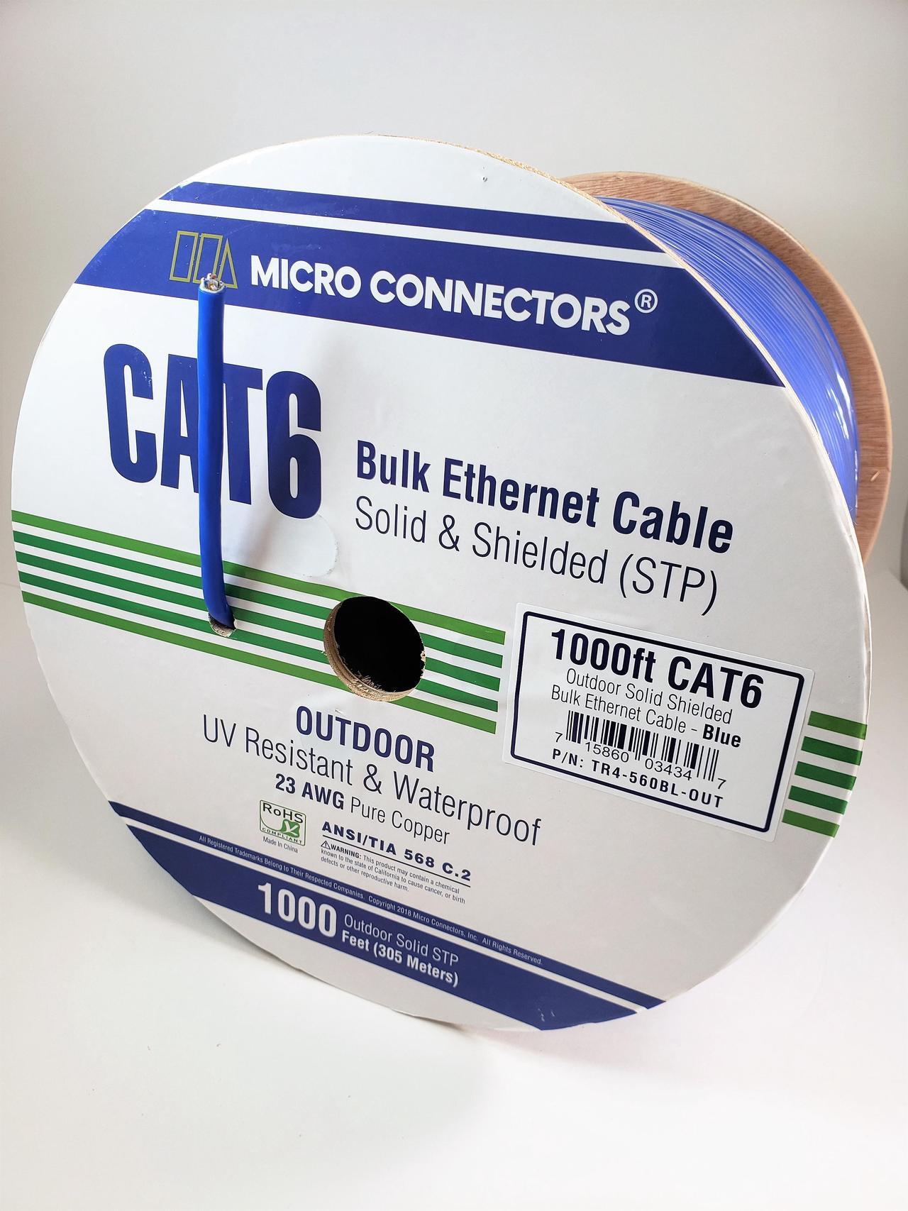 Alt view image 4 of 9 - Micro Connectors 1000 Feet Solid Shielded (STP) CAT6 Outdoor, UV Resistant Bulk Ethernet (23AWG) Cable - Blue (TR4-560BL-OUT)