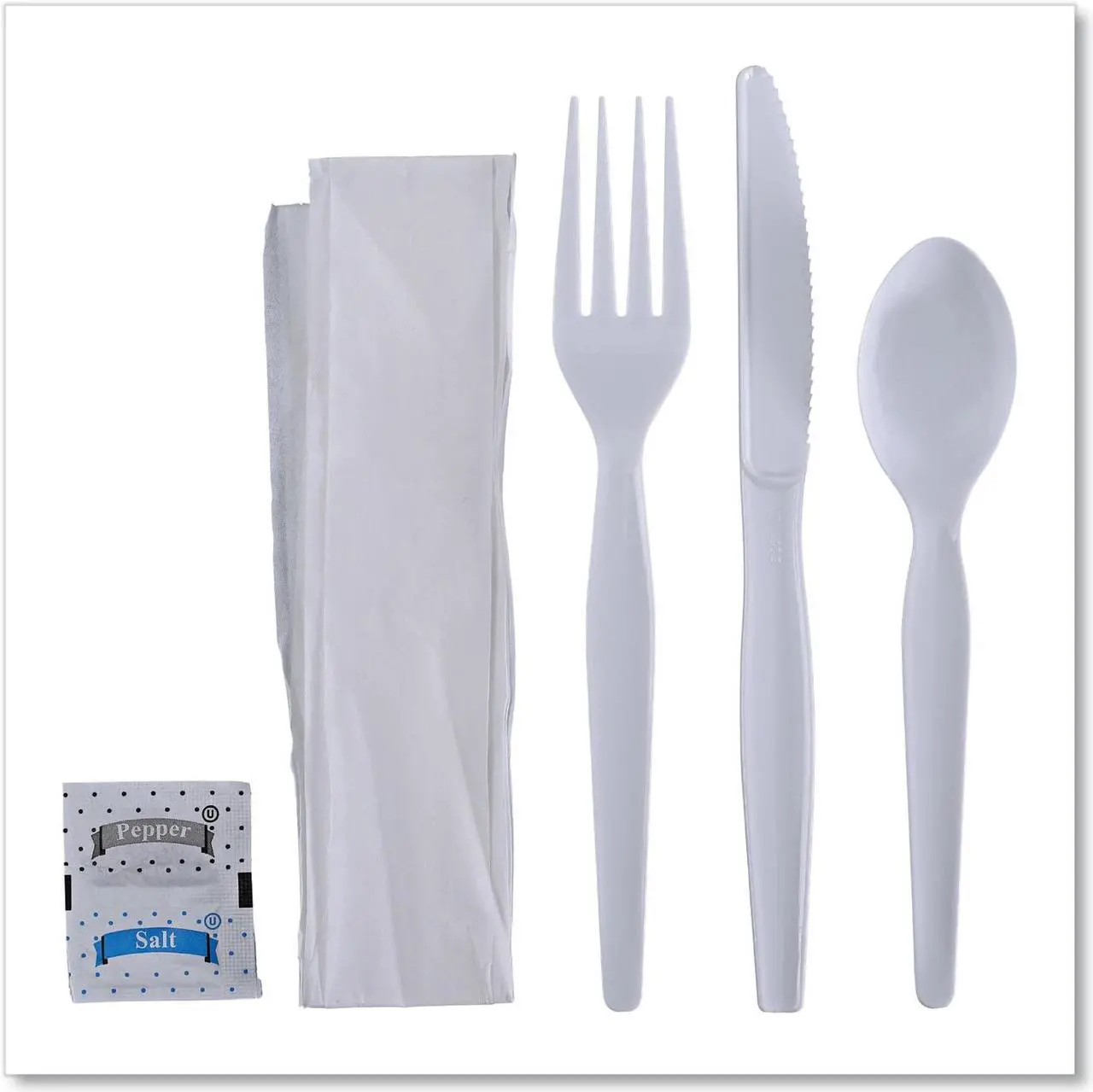 Alt view image 3 of 4 - Boardwalk FKTNSHWPSWH 6-Pc. Cutlery Kit, Condiment / Fork / Knife / Napkin / Spoon, Heavyweight, White, 250 / Carton