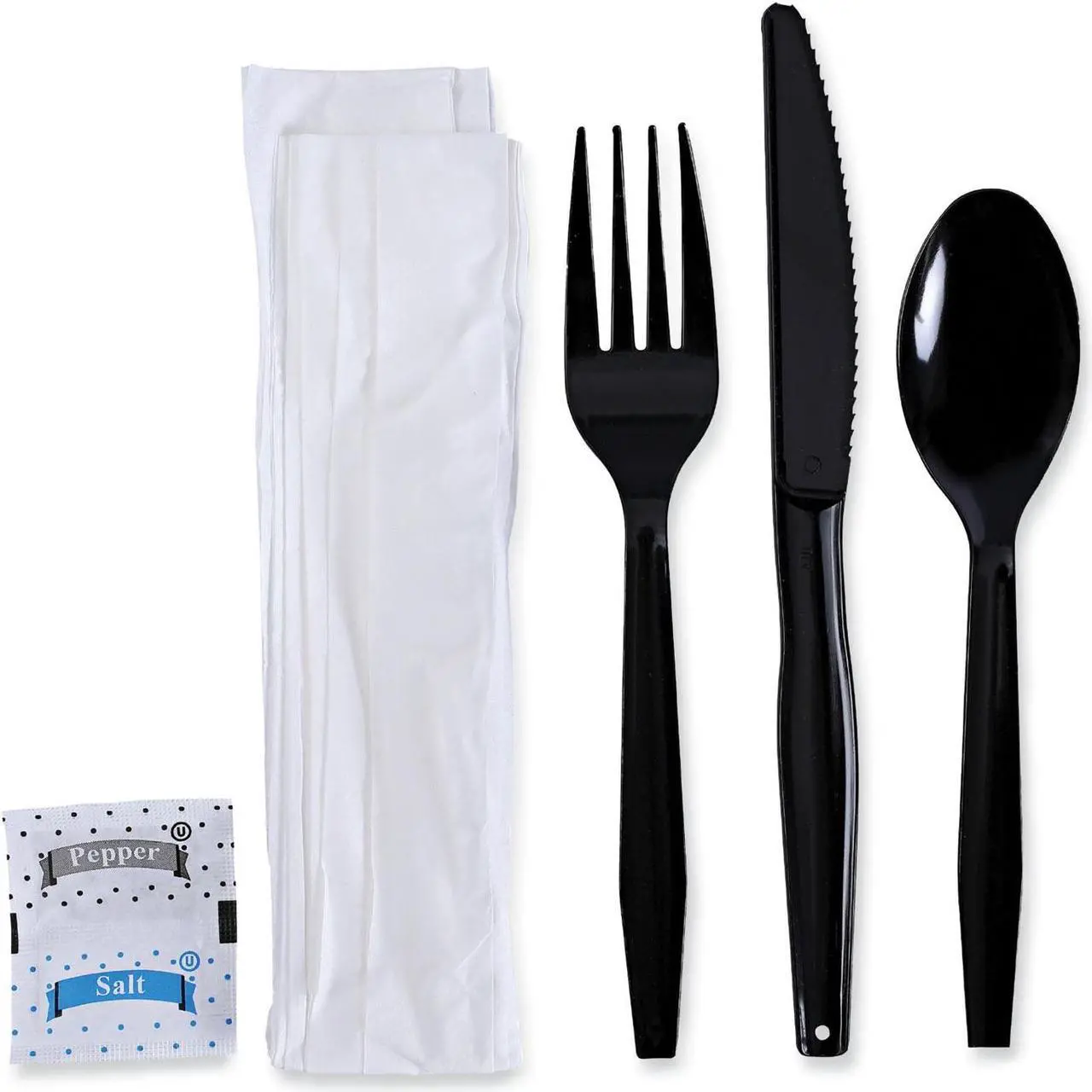 Alt view image 4 of 5 - Boardwalk FKTNSMWPSBLA Six-Piece Cutlery Kit, Condiment / Fork / Knife / Napkin / Teaspoon, Black, 250 / Carton