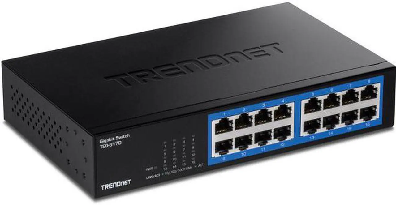 Alt view image 2 of 9 - TRENDnet 16-Port Gigabit Desktop Switch, TEG-S17D, 16 x Gigabit RJ-45 Ports, 32Gbps Switching Capacity, Ethernet Splitter, NDAA & TAA Compliant, Internal Power Supply, Lifetime Protection, Black