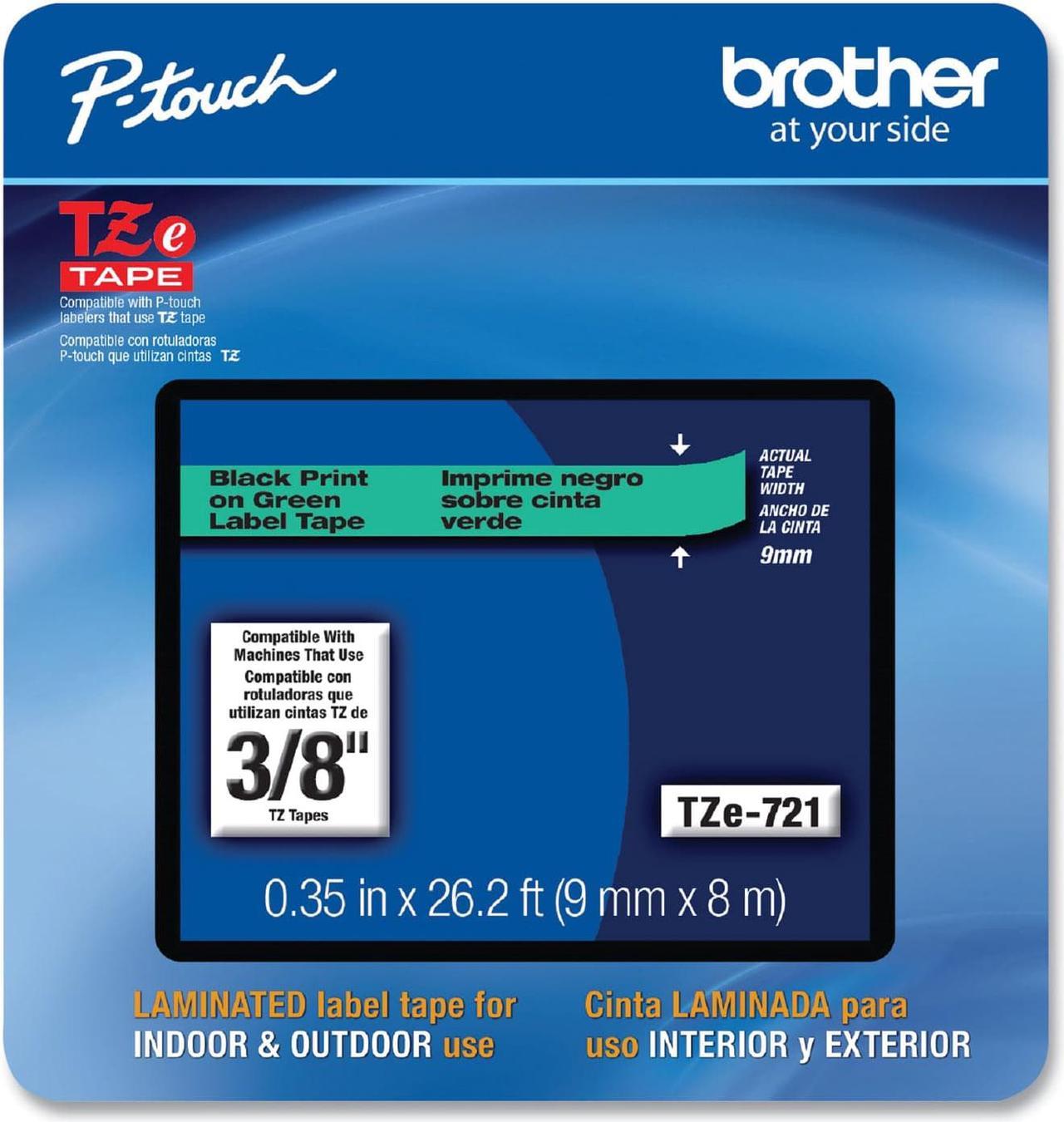 Brother P-touch TZe-721CS Laminated Label Maker Tape 3/8" x 26-2/10' Black on Green (TZe-721CS) TZE721CS