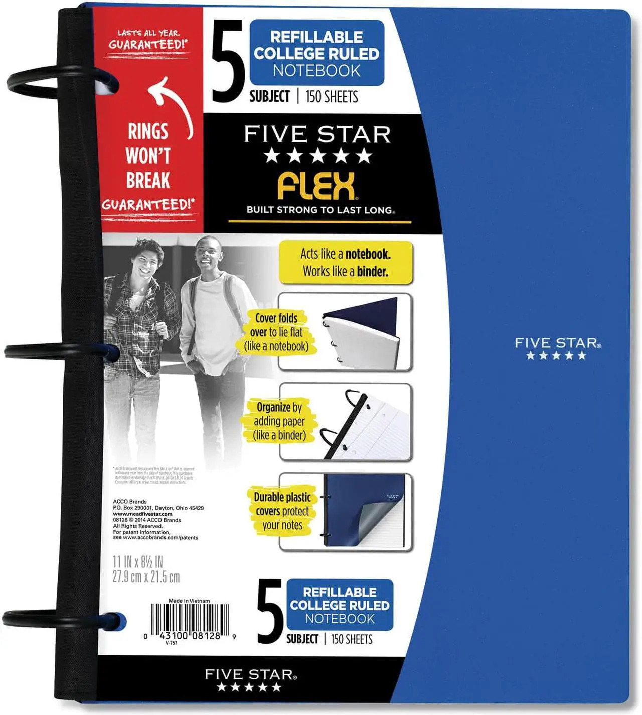Main image of Mead FLEX Notebook 5 Subject College Rule Randomly Assorted Colors 150Sht 08128