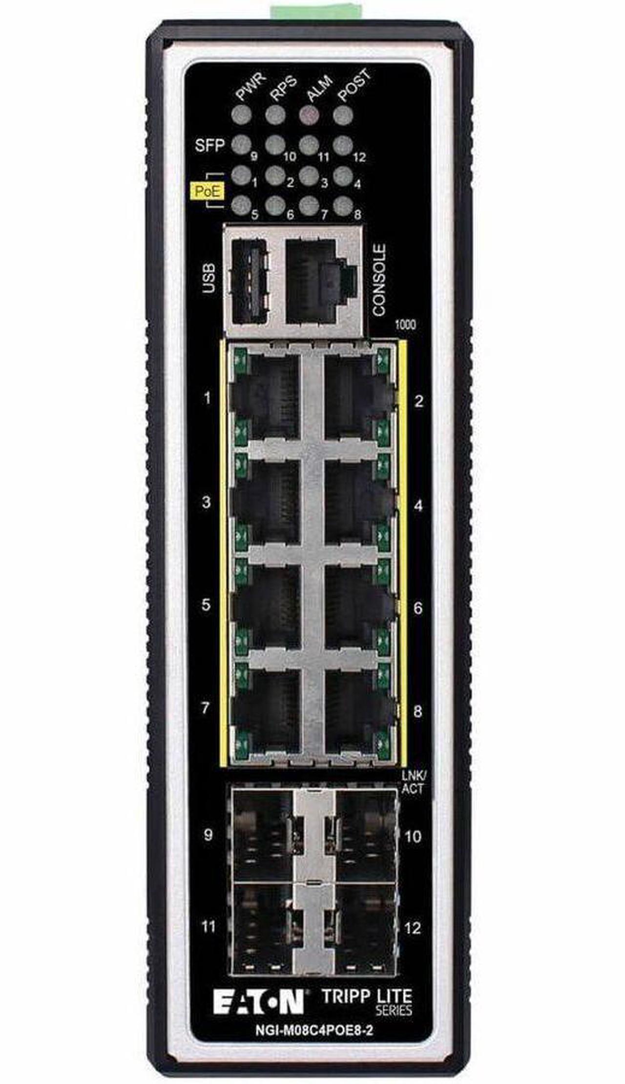 Alt view image 9 of 20 - Tripp Lite NGI-M08C4POE8-2 Managed 8-Port Managed Industrial Gigabit Ethernet Switch - Layer 2, 1 Gbps, PoE+ 30W, 4 GbE SFP Ports