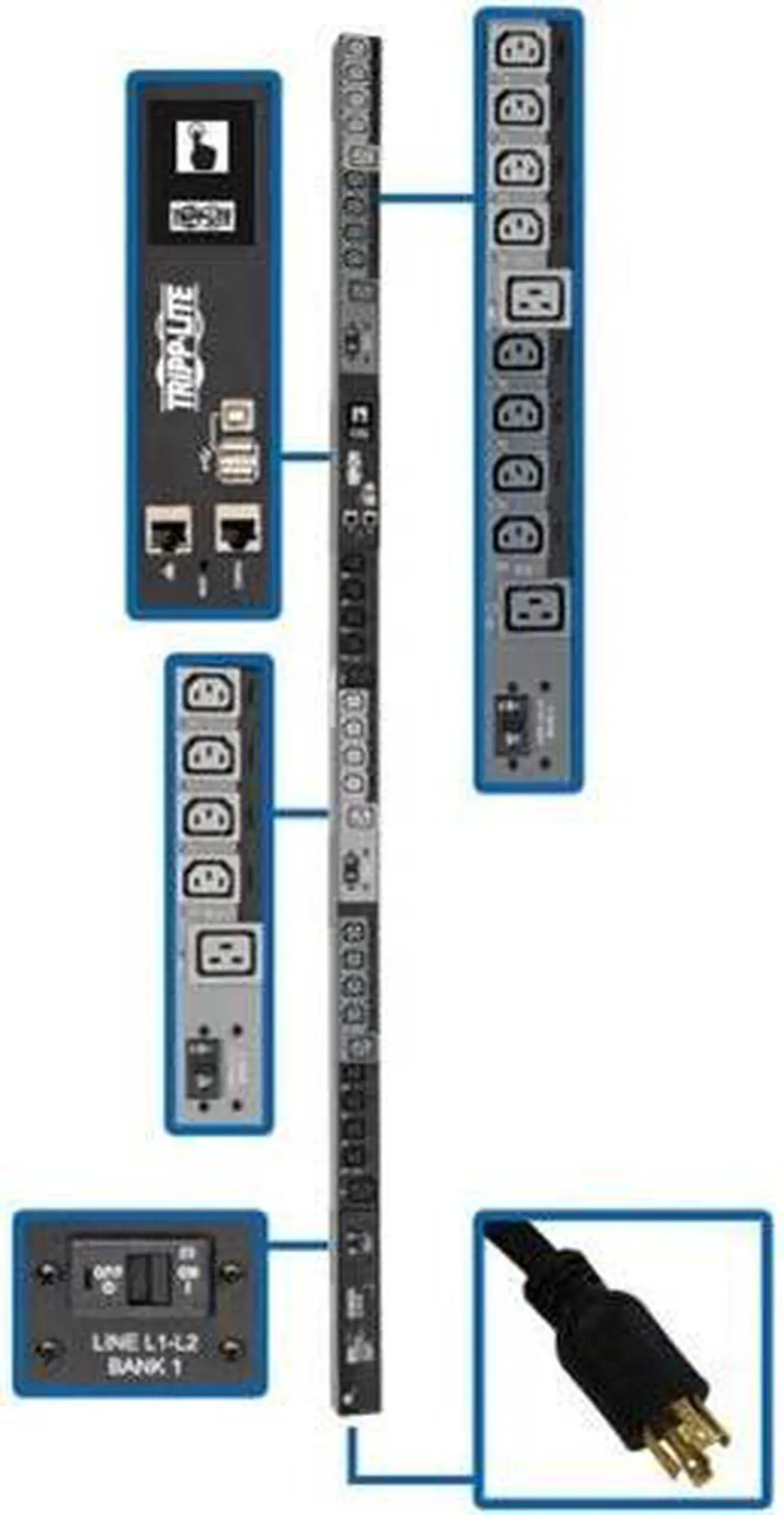 Alt view image 8 of 9 - Tripp Lite 10kW 3-Phase Switched PDU, LX Interface, 200 / 208 / 240V Outlets (24 x C13 / 6 x C19), LCD, NEMA L2130P, 10.0 Feet Cord, 0U Height, TAA (PDU3EVSR10L2130)