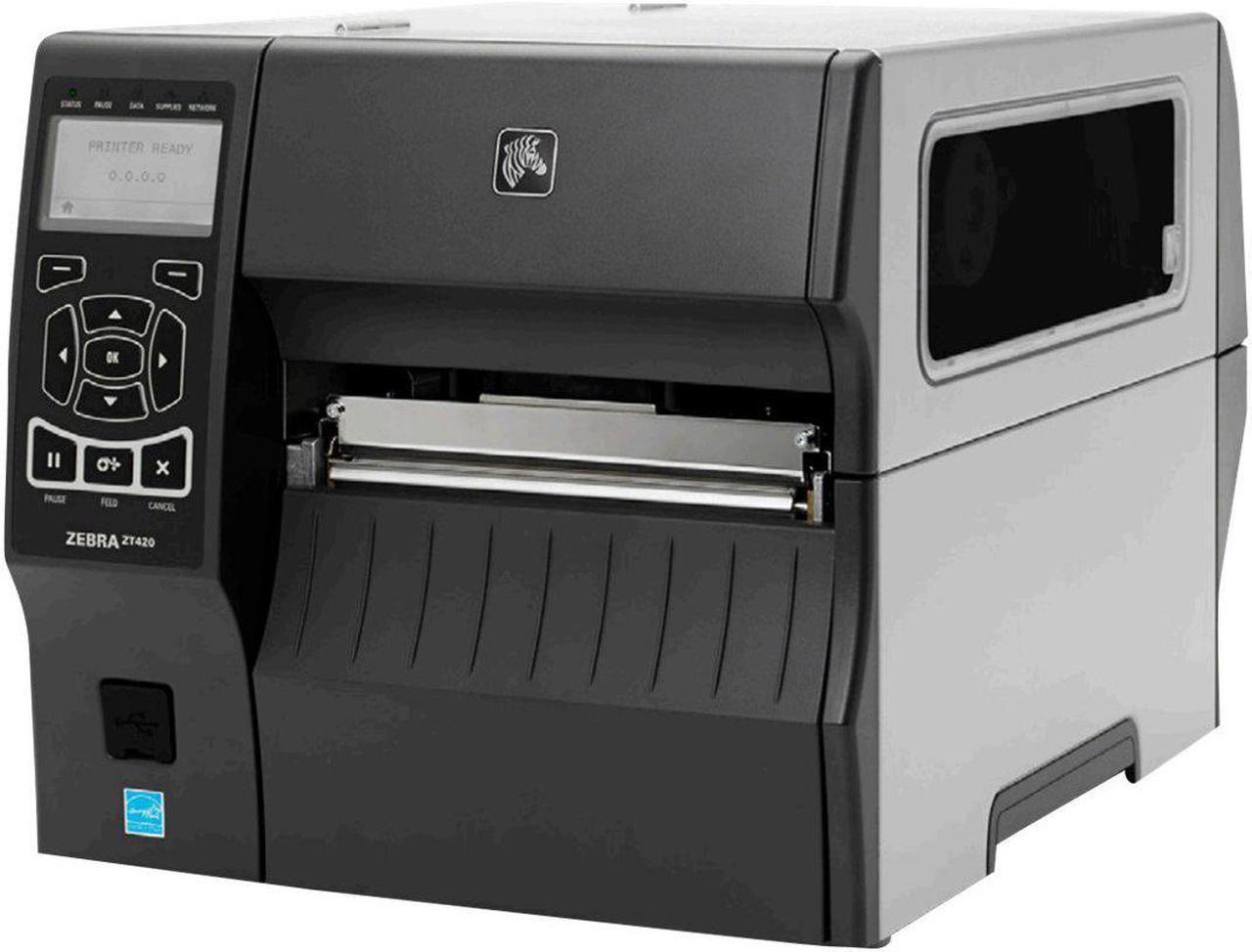 Zebra ZT420 6" Industrial Thermal Transfer Label Printer, LCD, 300 dpi, Serial, USB, 10/100 Ethernet, Bluetooth 2.1/MFi, USB Host, Peel w/ Full Rewind, EZPL, XML Support, US Cord - ZT42063-T410000Z